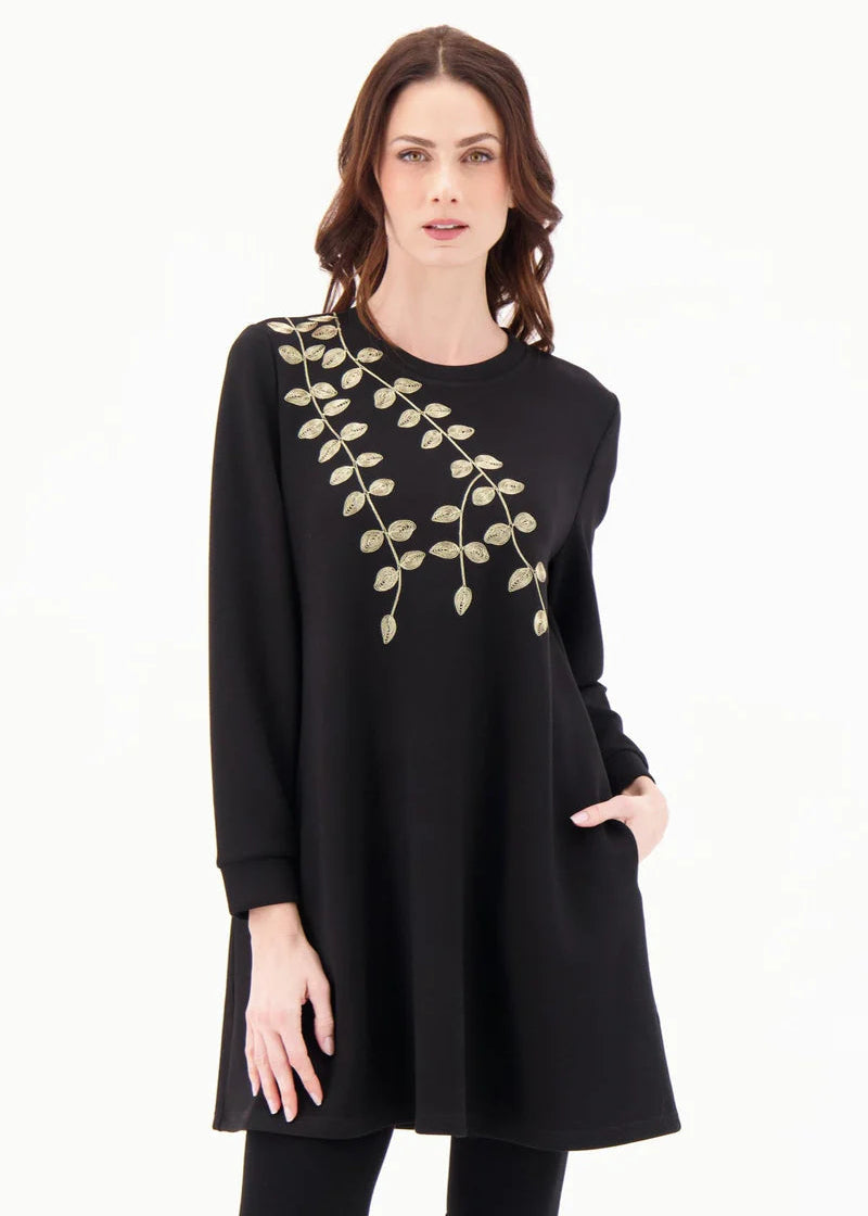 Gabby Isabella - Gold Leaf Shoulder Embroidered Scuba Tunic Dress - SALE