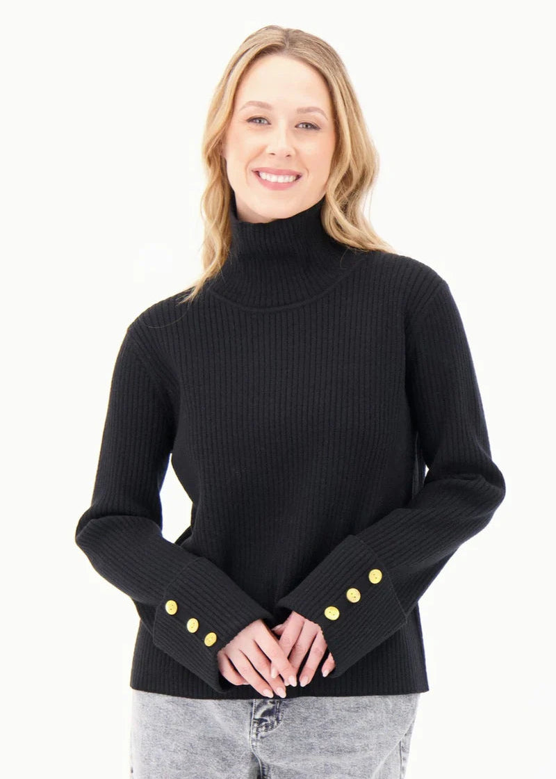 Gabby Isabella - Rib Knit Turtleneck With Wide Buttoned Cuff Sweater - SALE