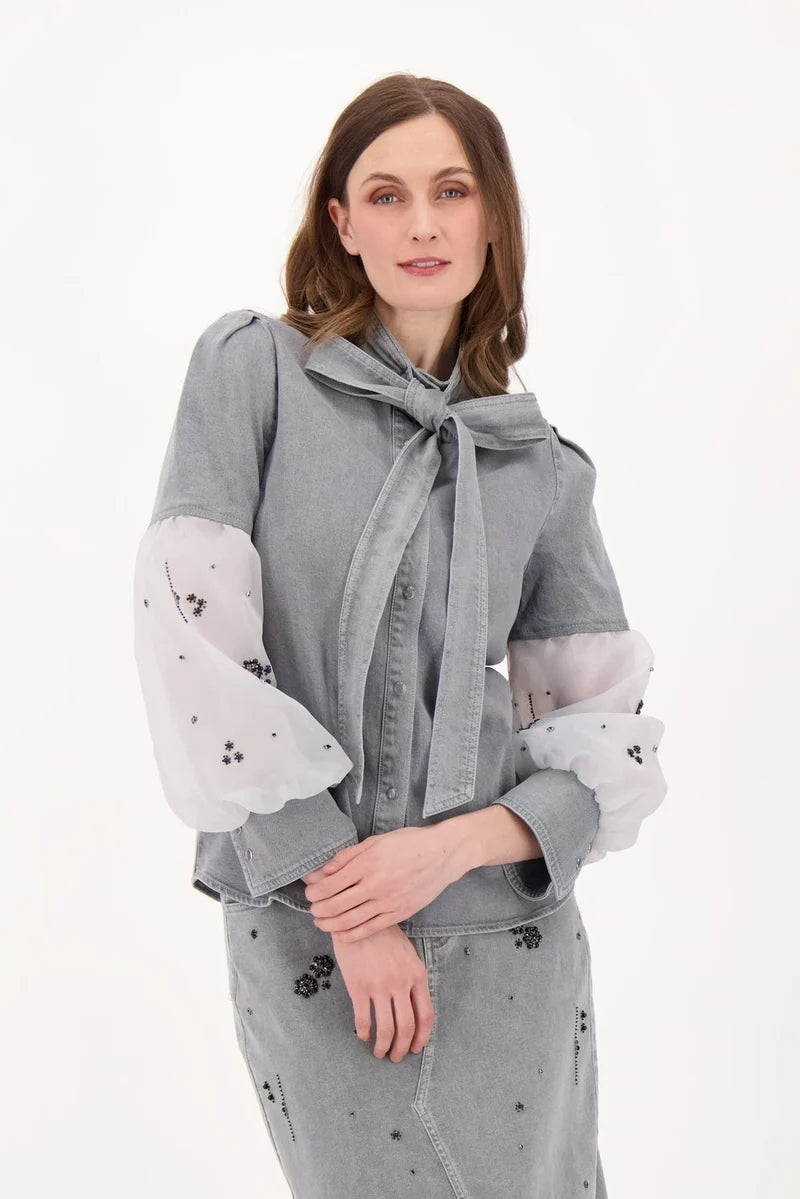 Gabby Isabella - Denim Top With Beaded Organza Sleeve