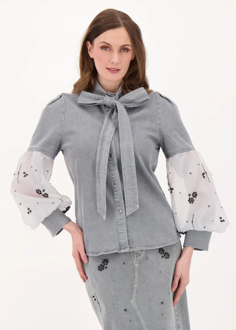 Gabby Isabella - Denim Top With Beaded Organza Sleeve