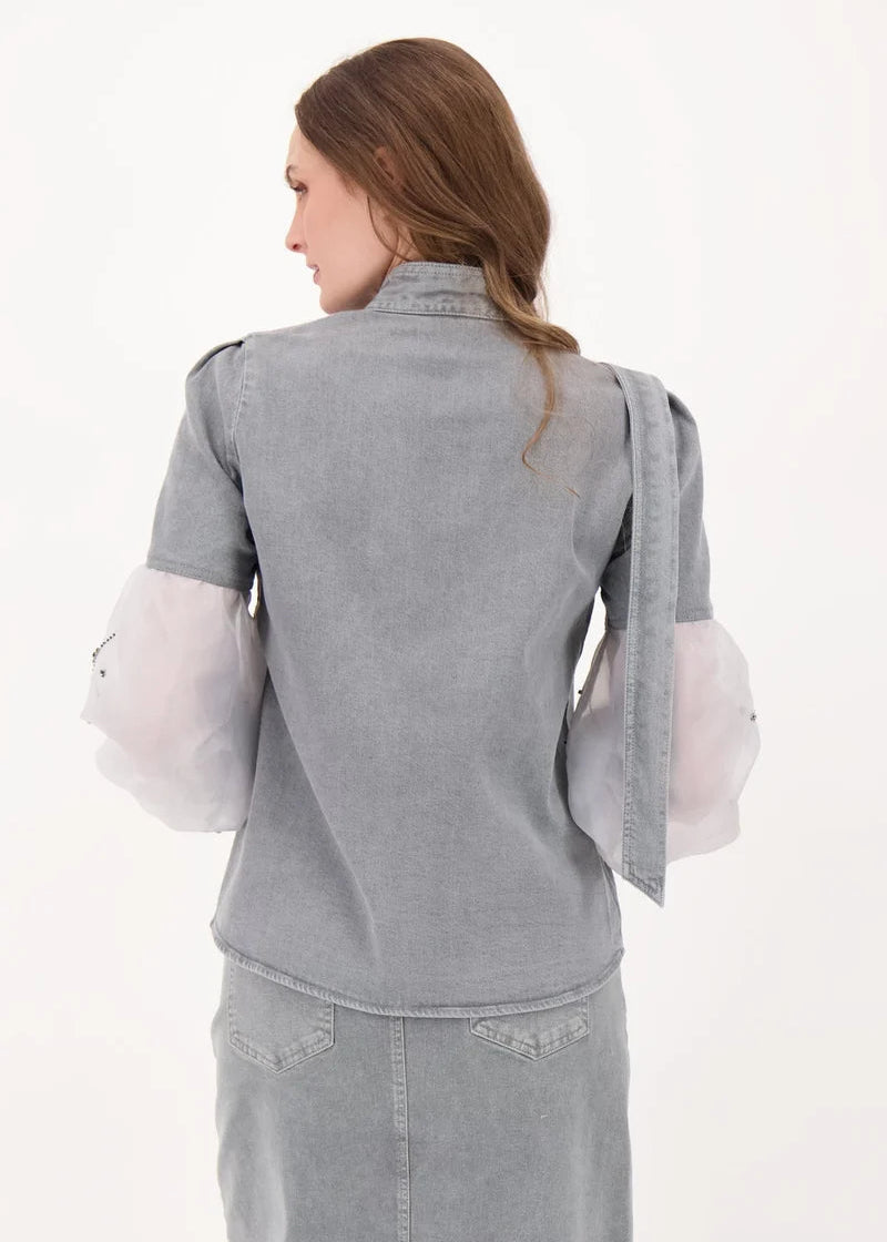 Gabby Isabella - Denim Top With Beaded Organza Sleeve