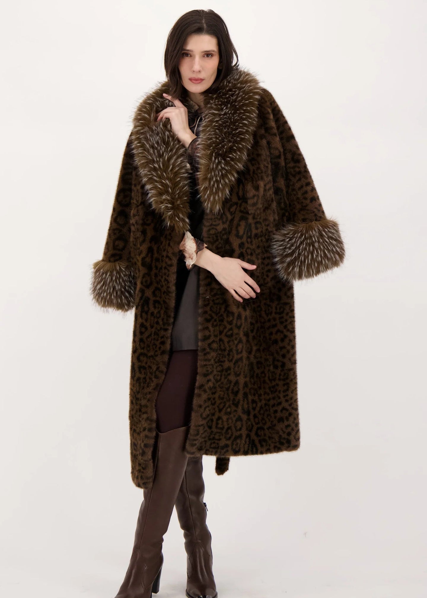 Spanner - Faux Leopard Belted Coat With Mink Collar And Cuff
