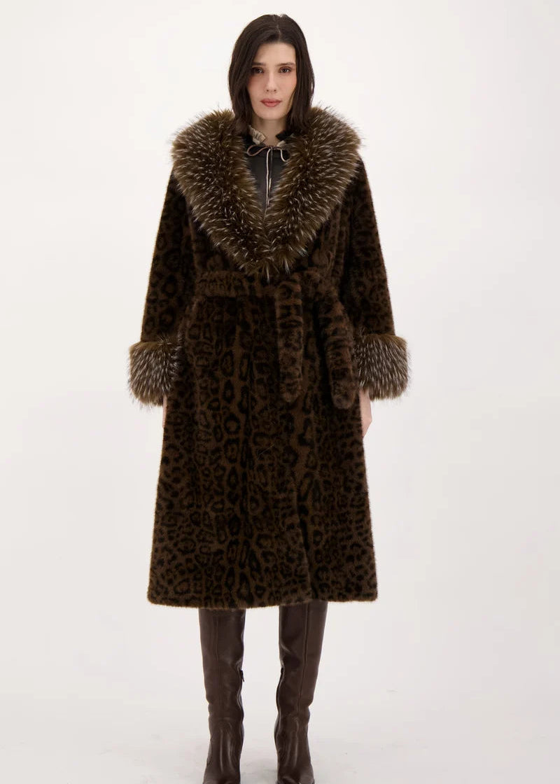 Spanner - Faux Leopard Belted Coat With Mink Collar And Cuff