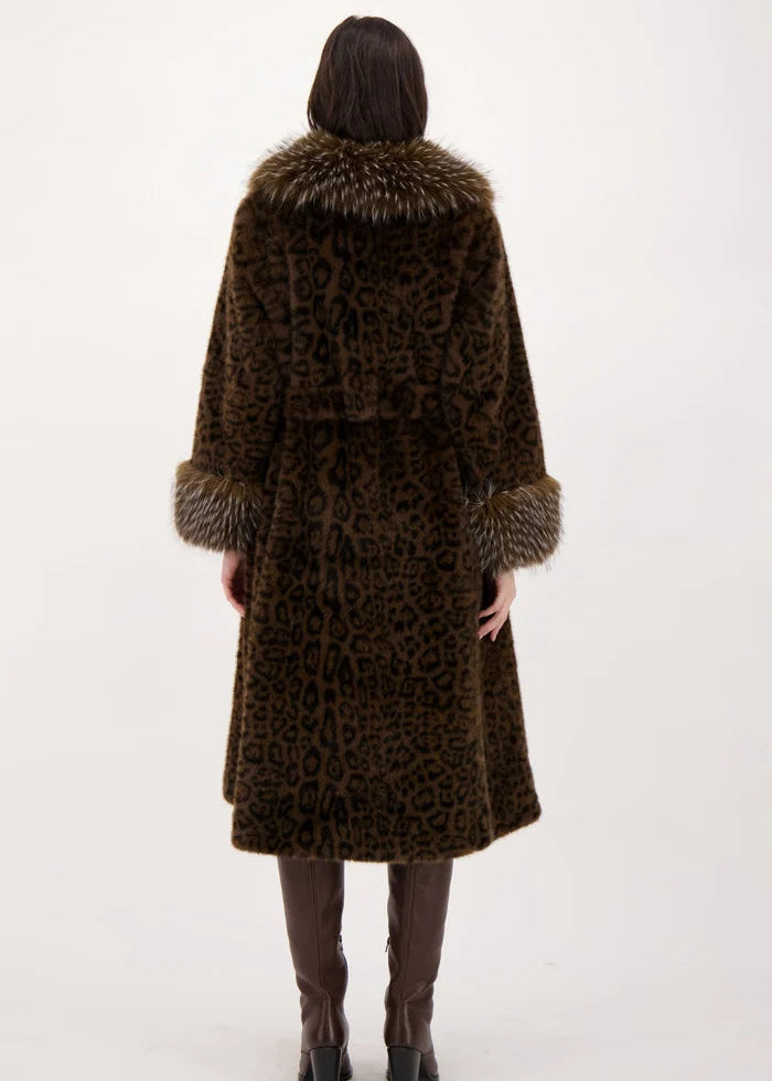 Spanner - Faux Leopard Belted Coat With Mink Collar And Cuff