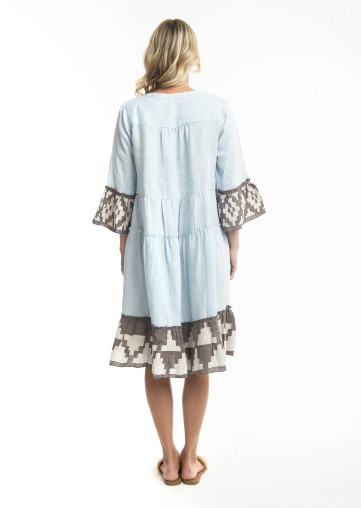 Orientique - Border Print Linen 3/4 Sleeve Dress