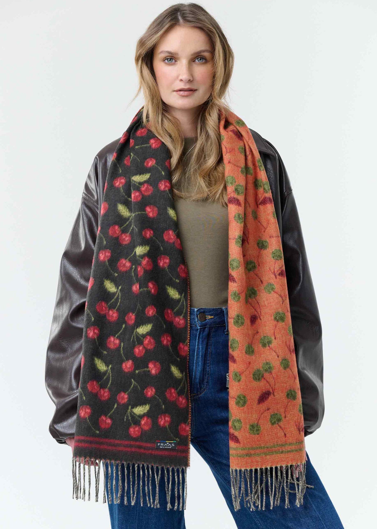 V Fraas - Doublface Cashmink Scarf With Cherry Design