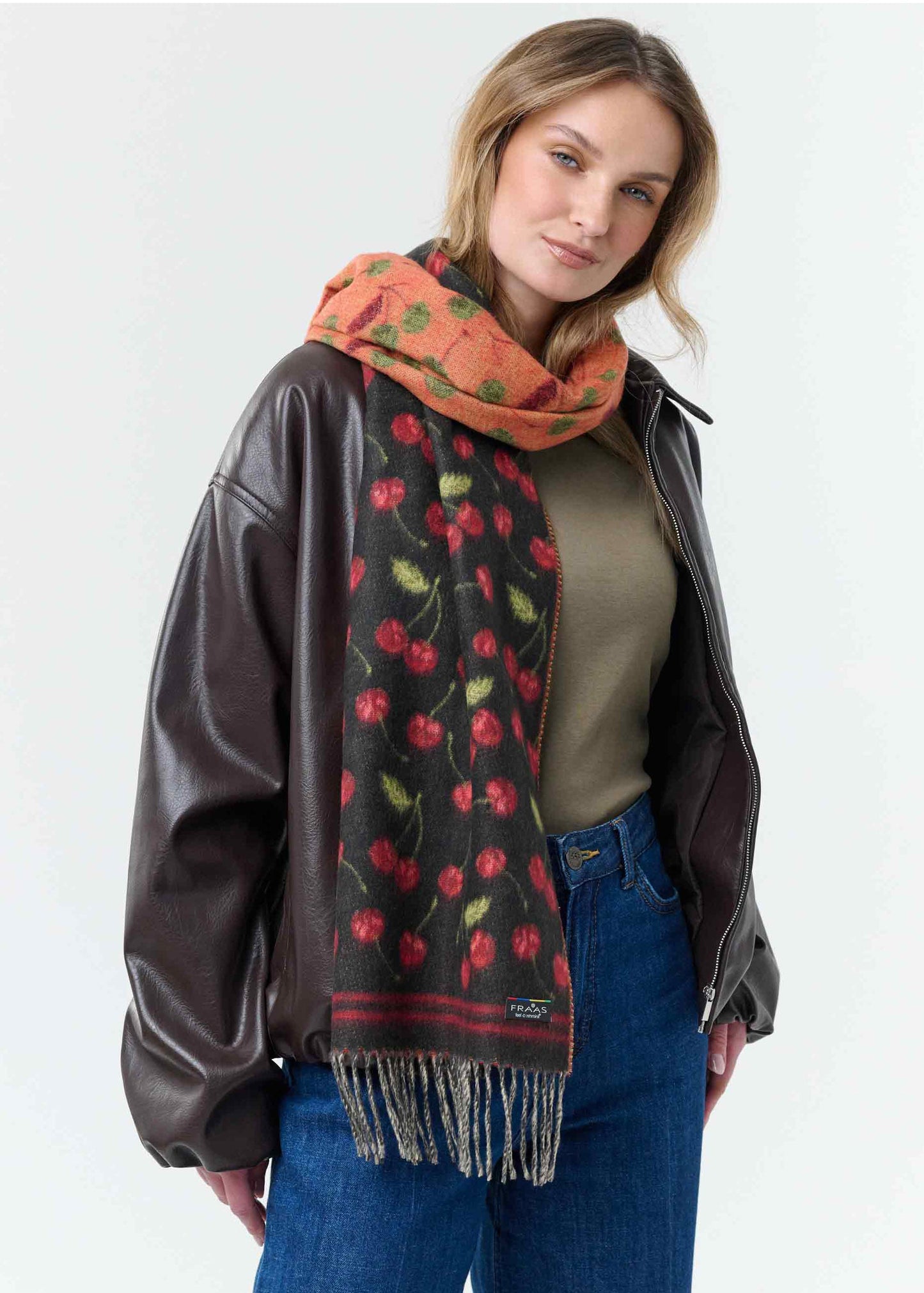 V Fraas - Doublface Cashmink Scarf With Cherry Design
