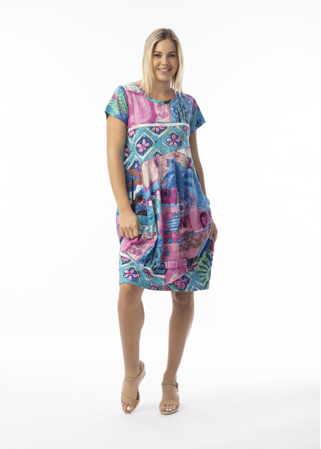Orientique - Printed Bubble Short Sleeve Cotton Dress