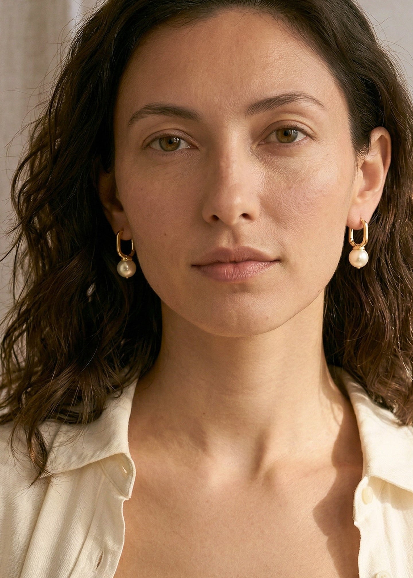 Merx - Rectangular Huggie Hoop & Pearl Drop Earrings