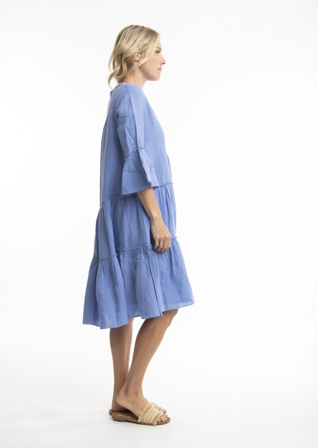 Orientique - V-neck Tiered Linen Dress