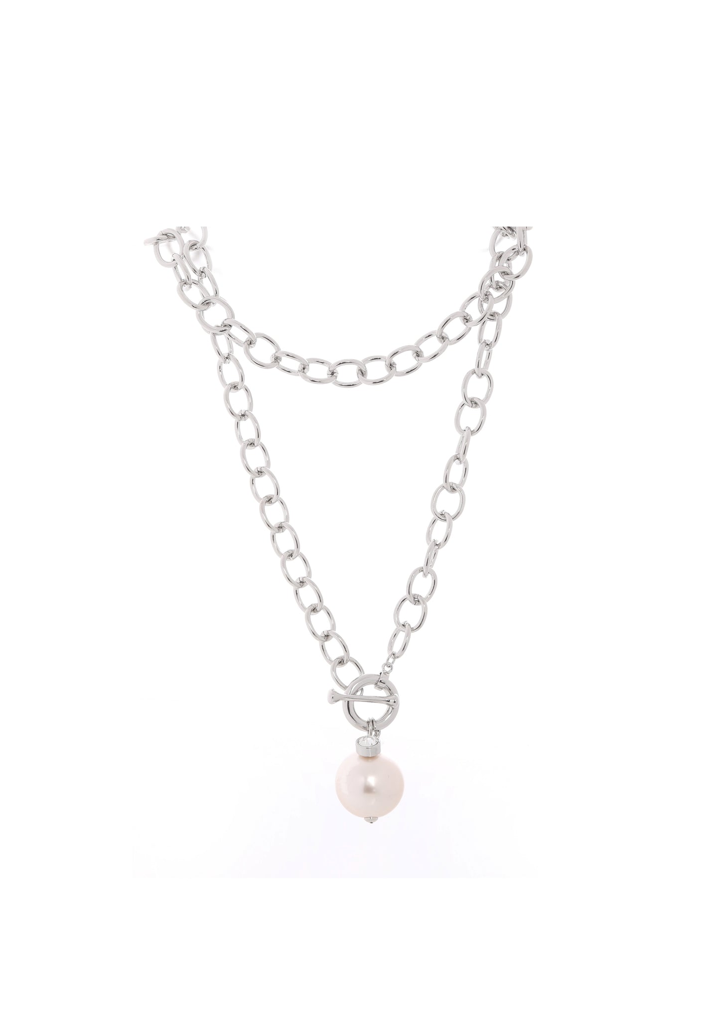 Merx - Silver Oval Link Chain Toggle & Pearl Drop Necklace