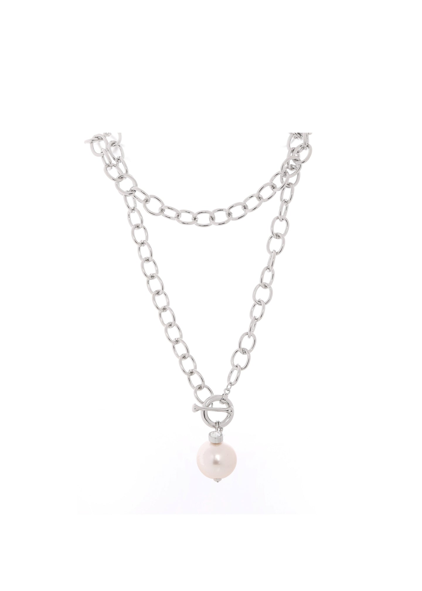 Merx - Silver Oval Link Chain Toggle & Pearl Drop Necklace
