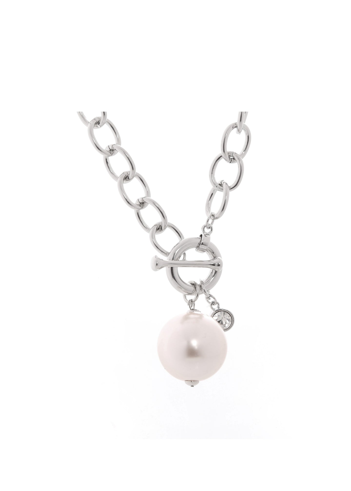 Merx - Silver Oval Link Chain Toggle & Pearl Drop Necklace
