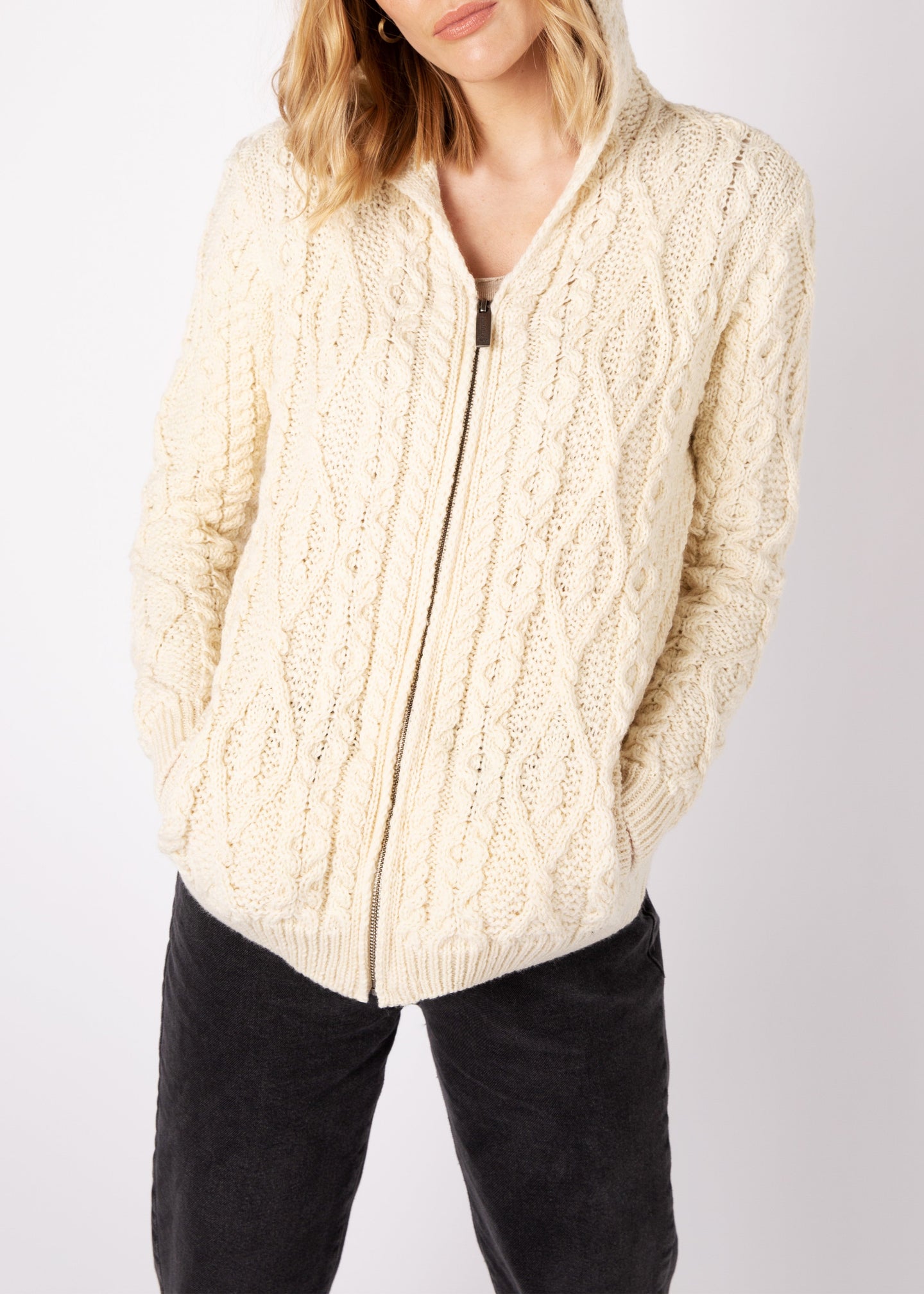 Irelands Eye - Ash Aran Zipped Hooded Jacket - SALE