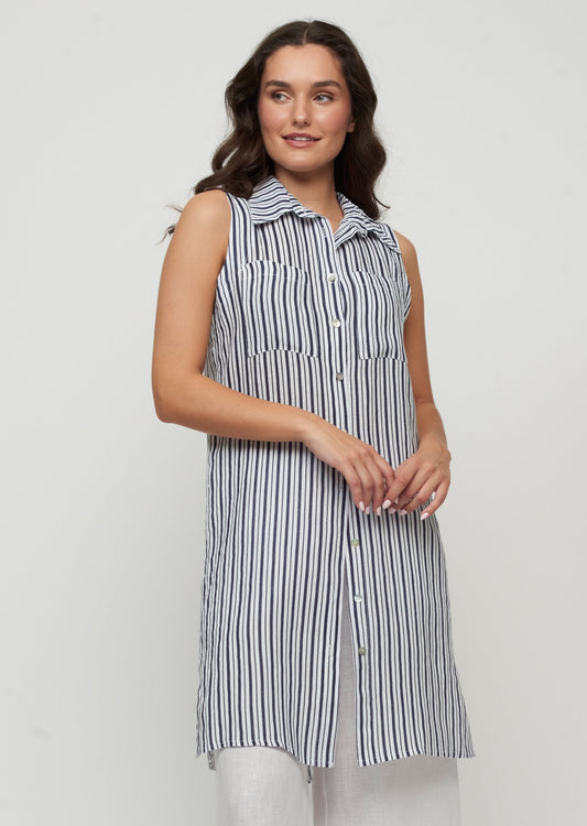 Pistache - Button Down Linen Striped Shirt Dress