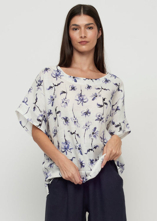 Pistache - Short Sleeve Floral Linen Top