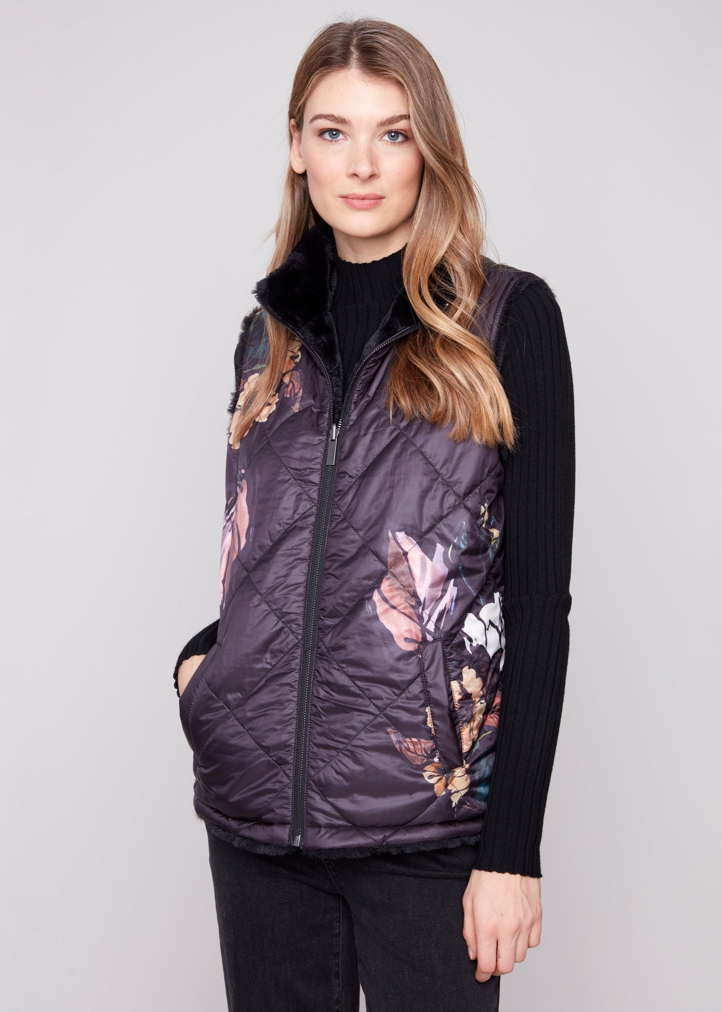 Charlie B - Printed Reversible Quilted Faux Nylon Vest - SALE