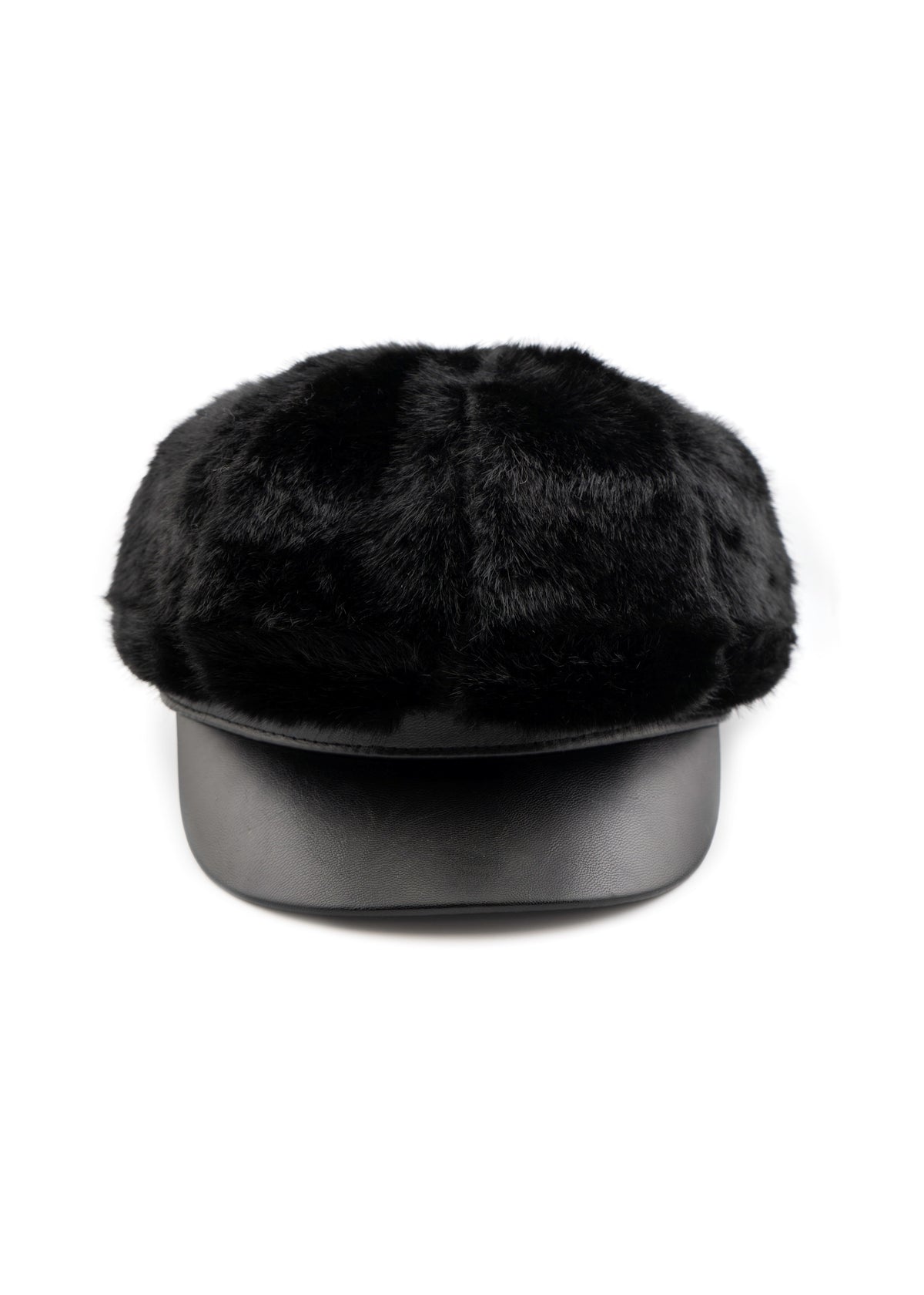 Faux Fur Newsboy Cap with Vegan Leather Brim