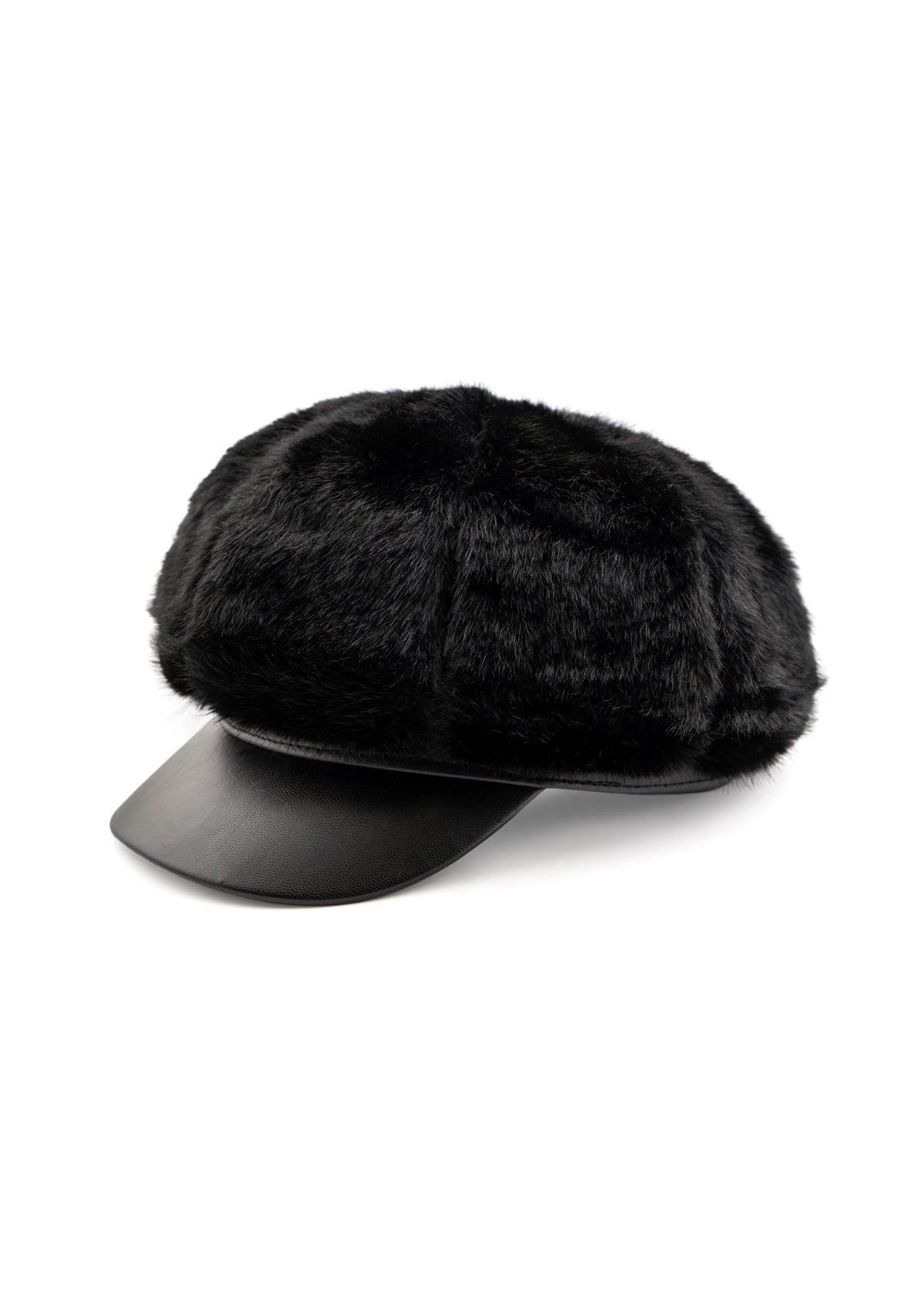Faux Fur Newsboy Cap with Vegan Leather Brim