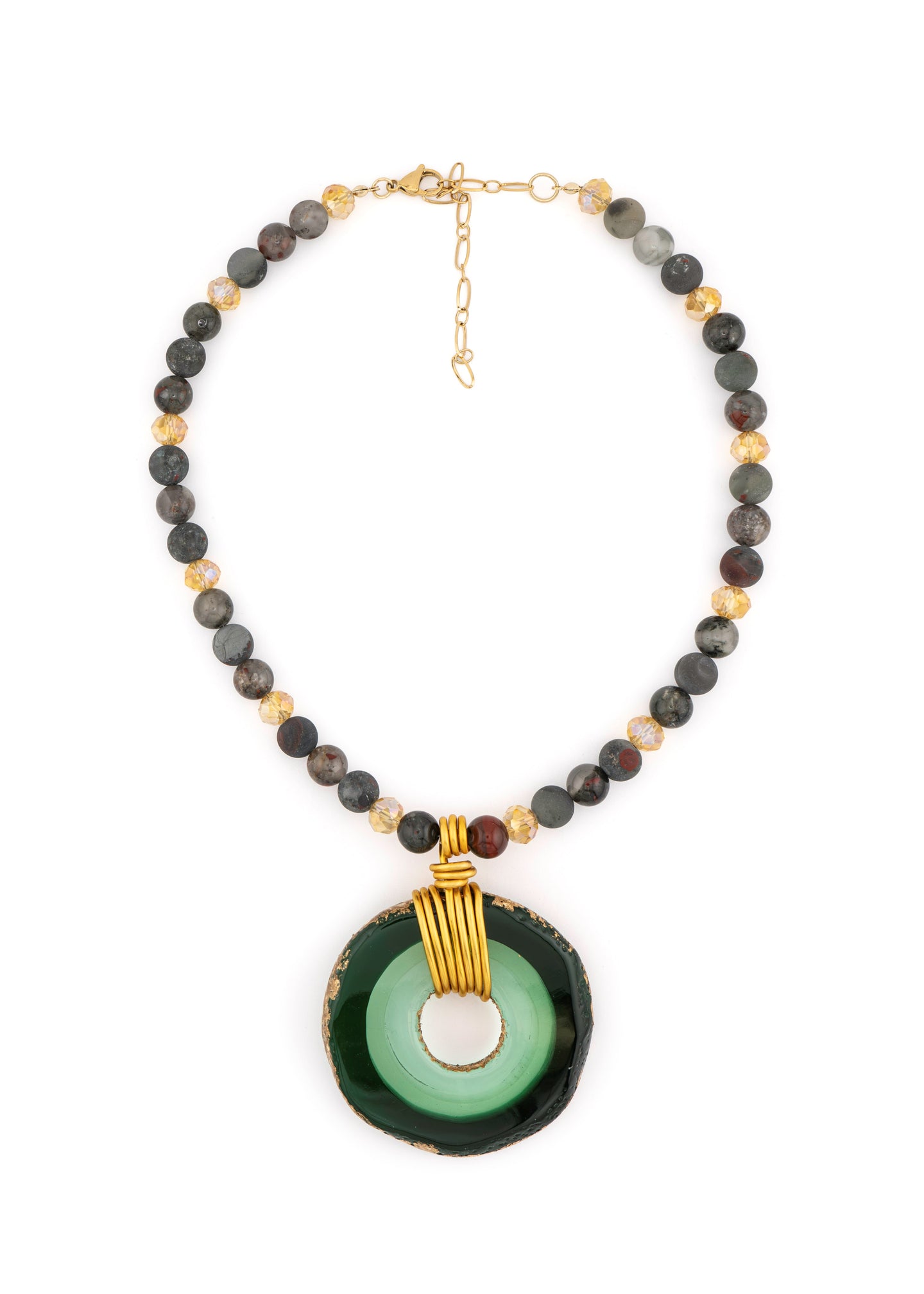 Green Circular Pendant Beaded Necklace