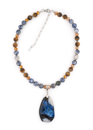 Blue Stone Teardrop Pendant Mixed Bead Necklace