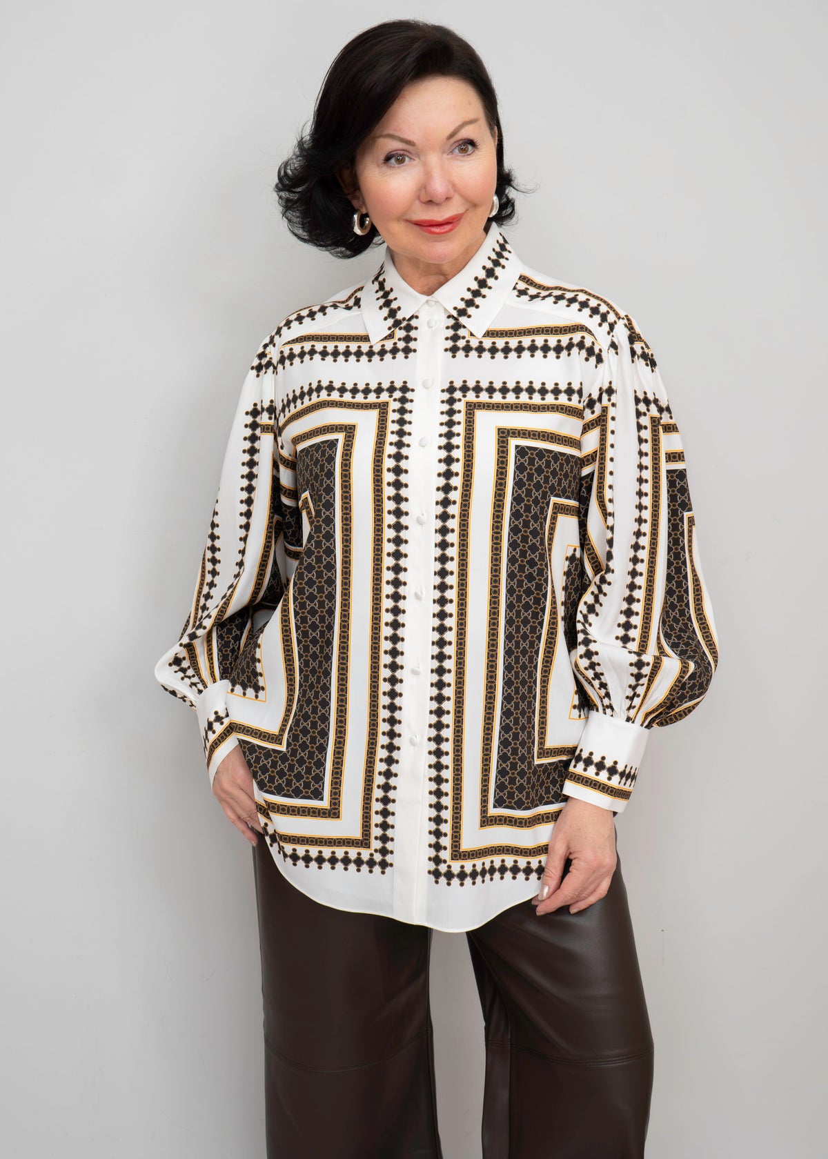 Herzens - Chain Link Border Print Balloon Sleeve Blouse