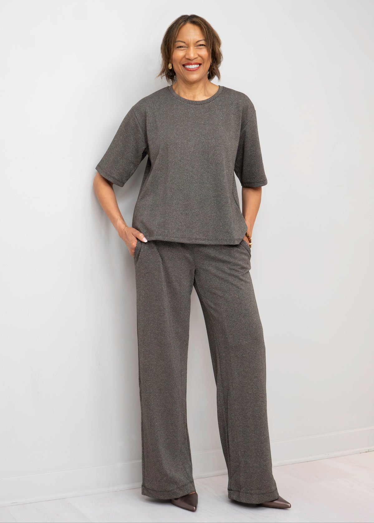 Yest - Winta Herringbone Elbow-Sleeve Top