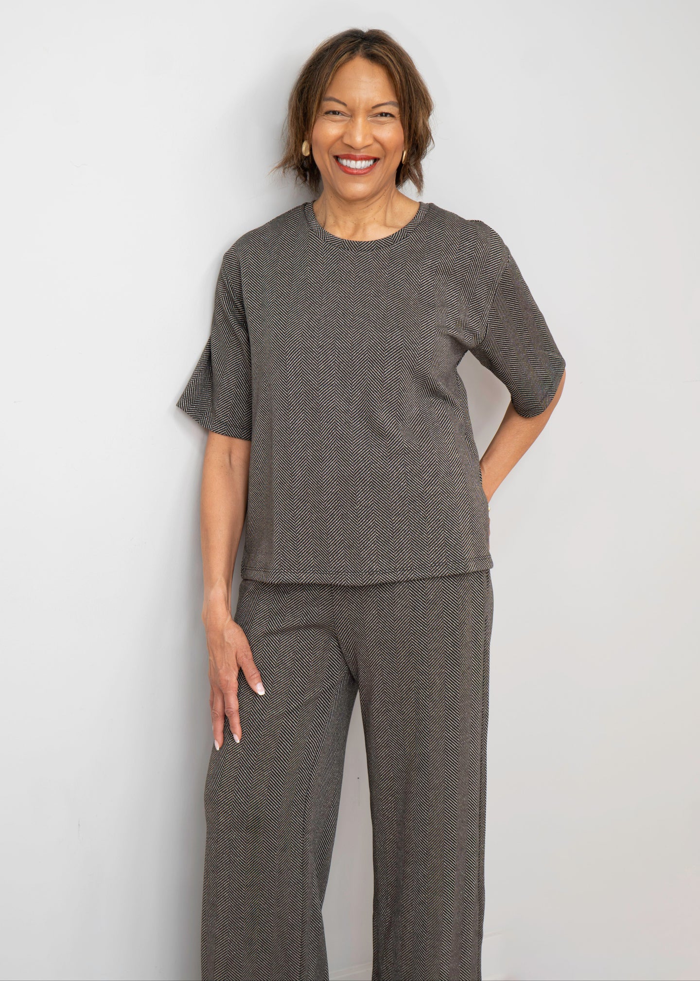 Yest - Winta Herringbone Elbow-Sleeve Top