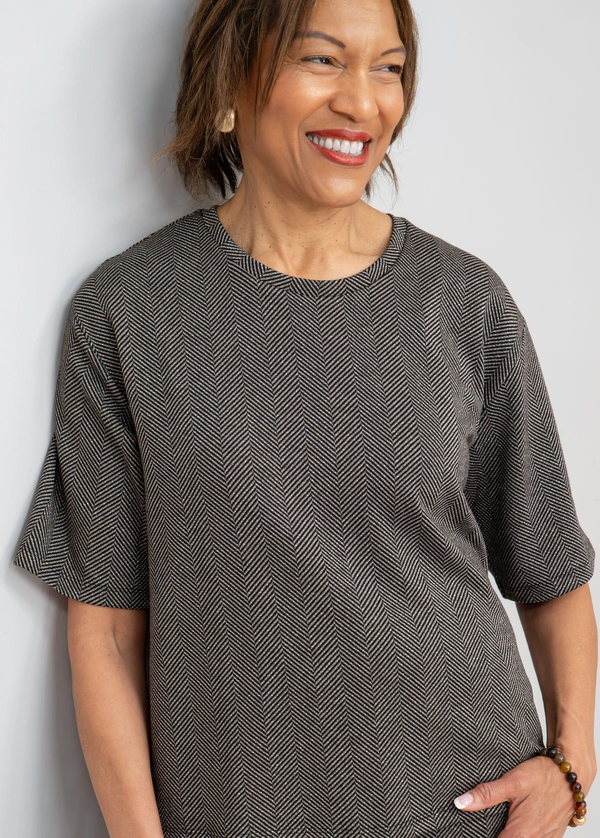 Yest - Winta Herringbone Elbow-Sleeve Top