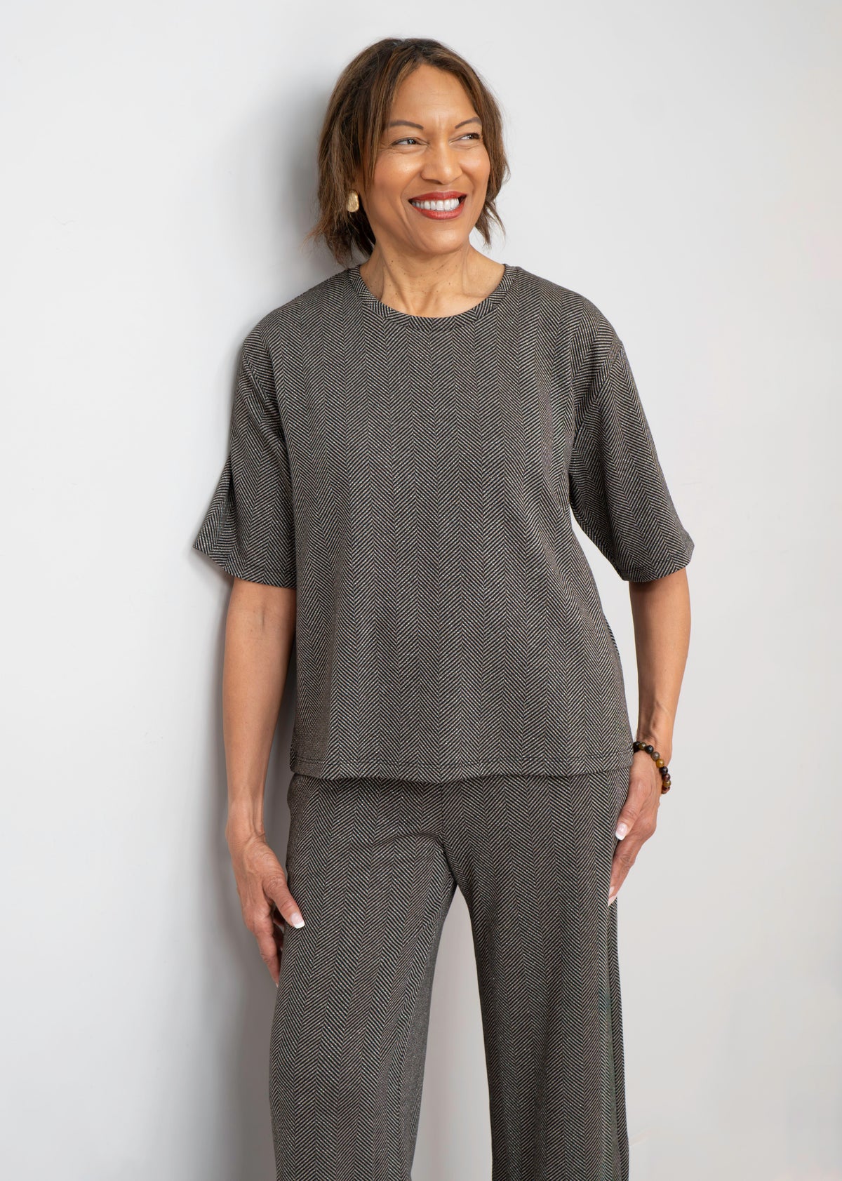 Yest - Winta Herringbone Elbow-Sleeve Top