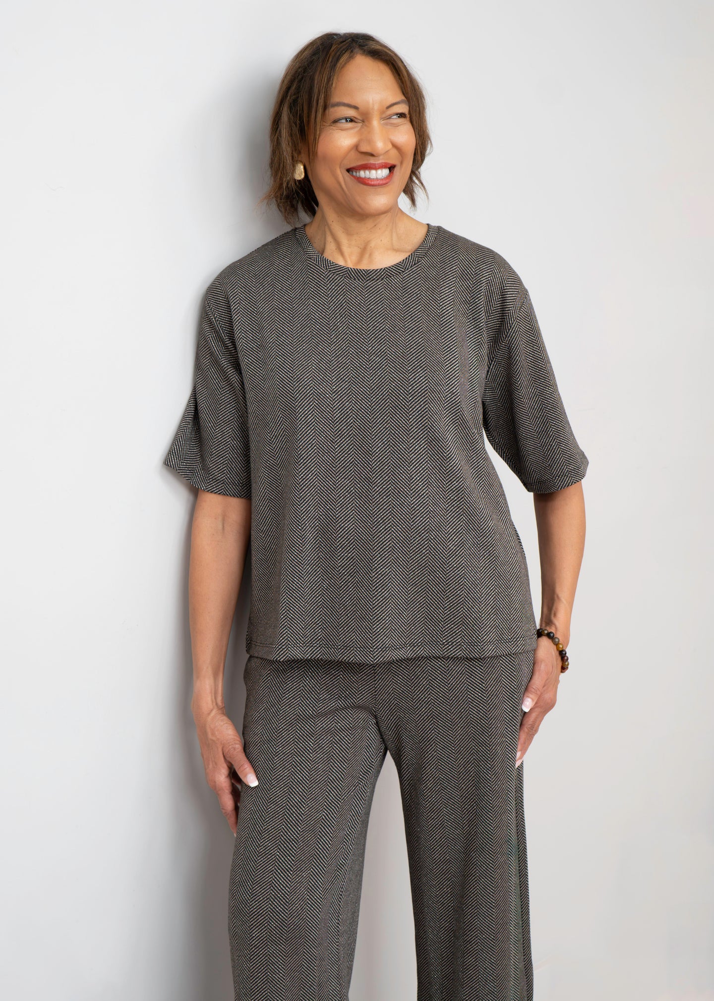 Yest - Winta Herringbone Elbow-Sleeve Top