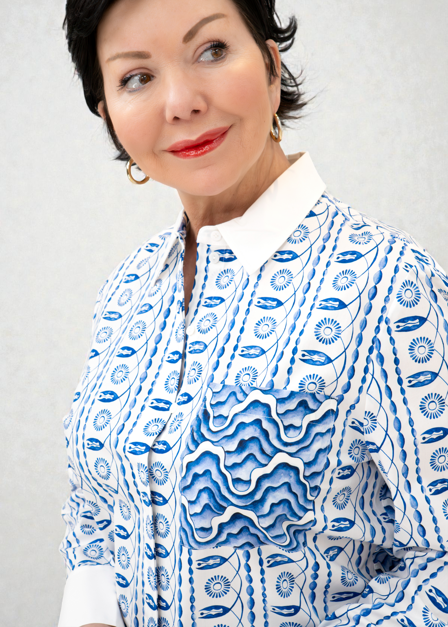 Herzen’s - Cotton Mosaic Wave Pattern Blouse