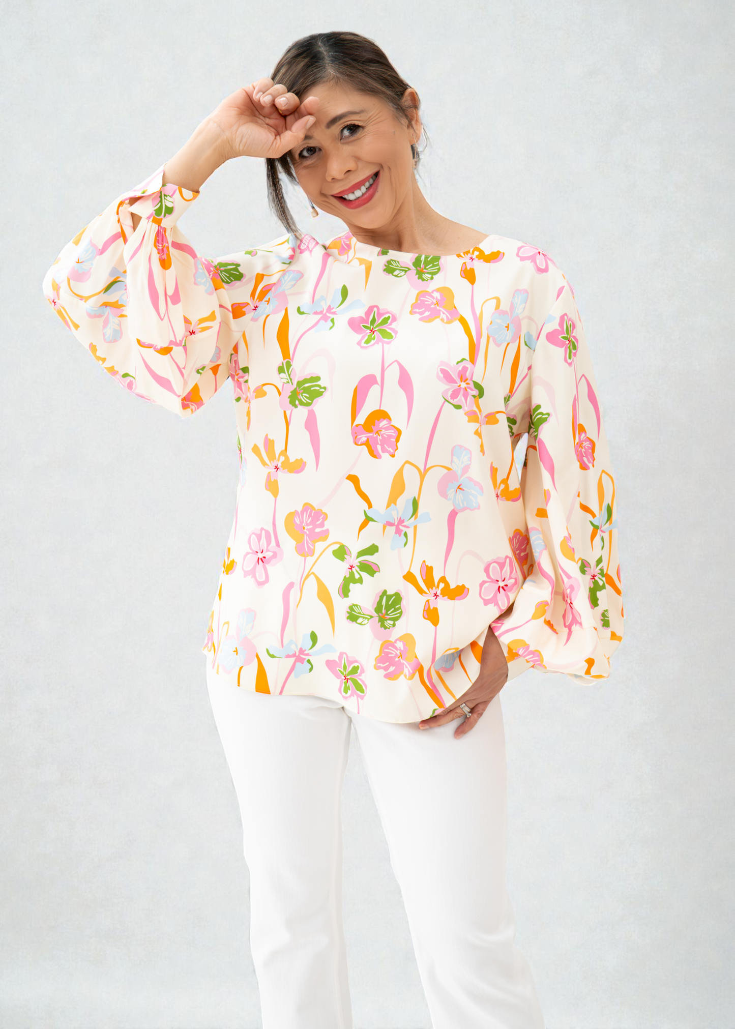 Herzen's - Silk Spring Floral Blouse With Billow Sleeves