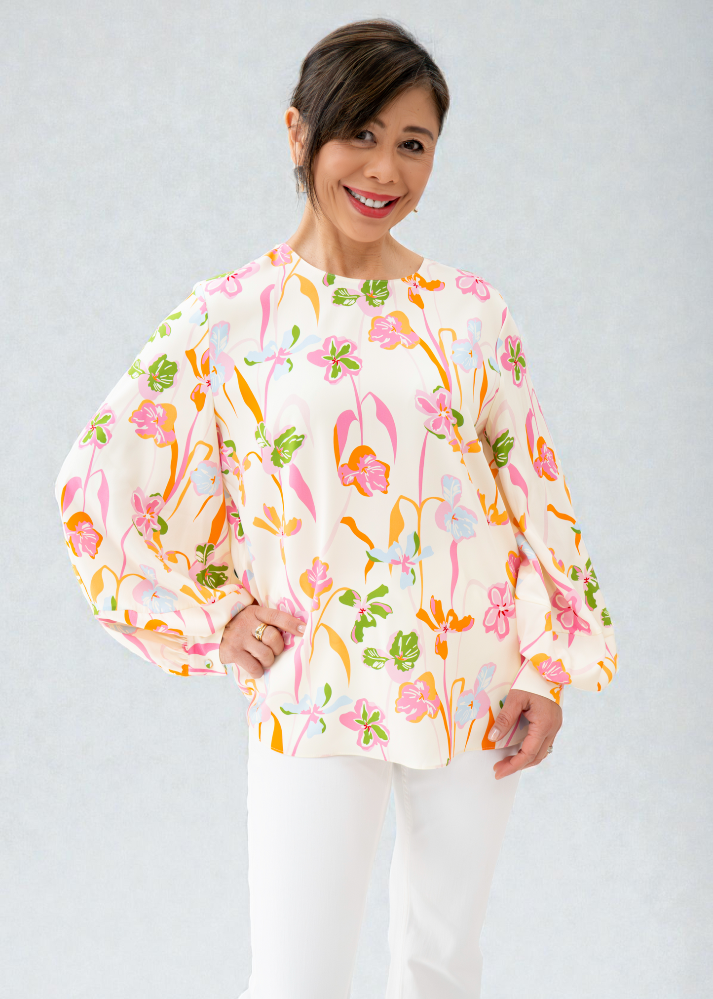 Herzen's - Silk Spring Floral Blouse With Billow Sleeves