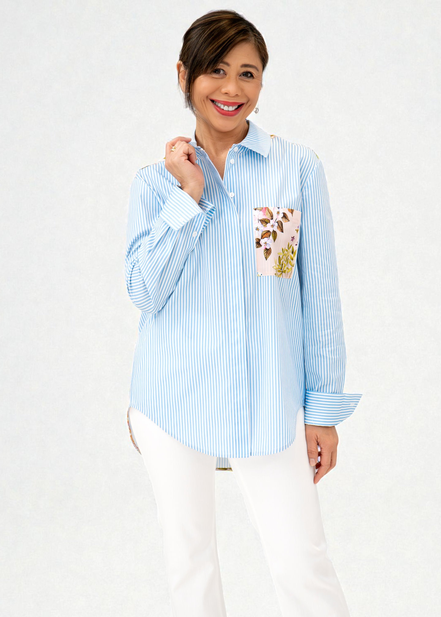 Herzen's - Cotton Blouse In Whimsical Stripe And Floral Combo