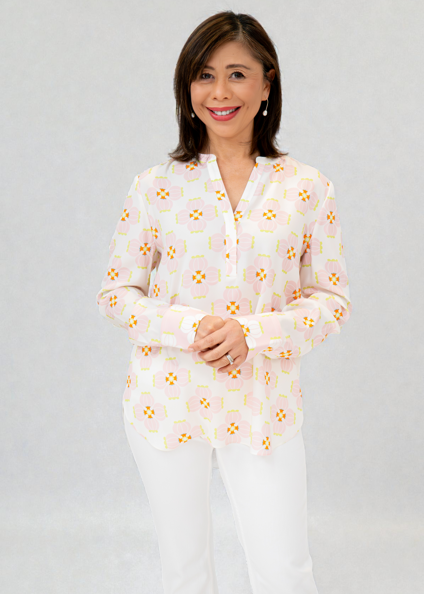 Herzen's - Silk Floral Print Henley Blouse Long Sleeve
