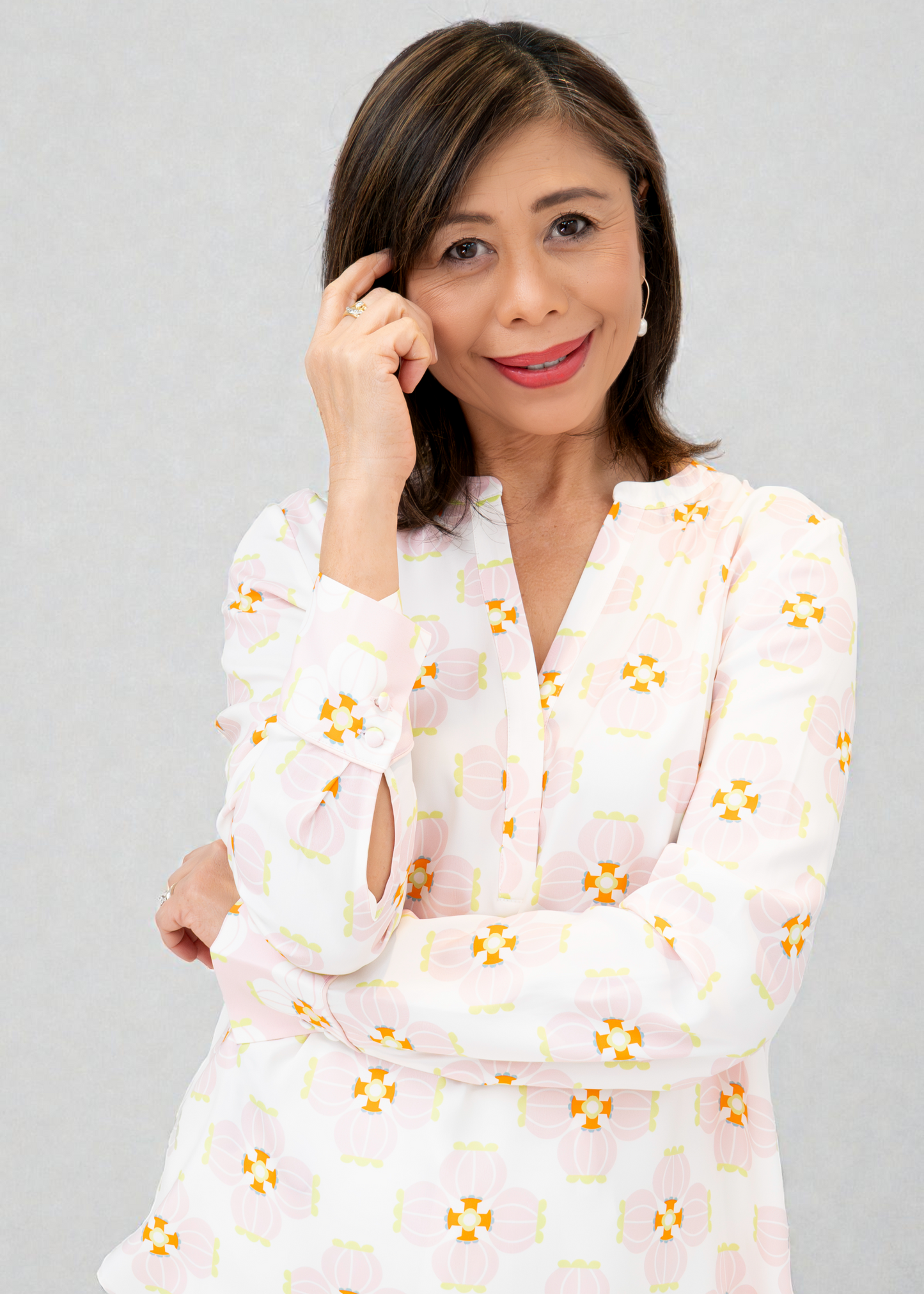 Herzen's - Silk Floral Print Henley Blouse Long Sleeve