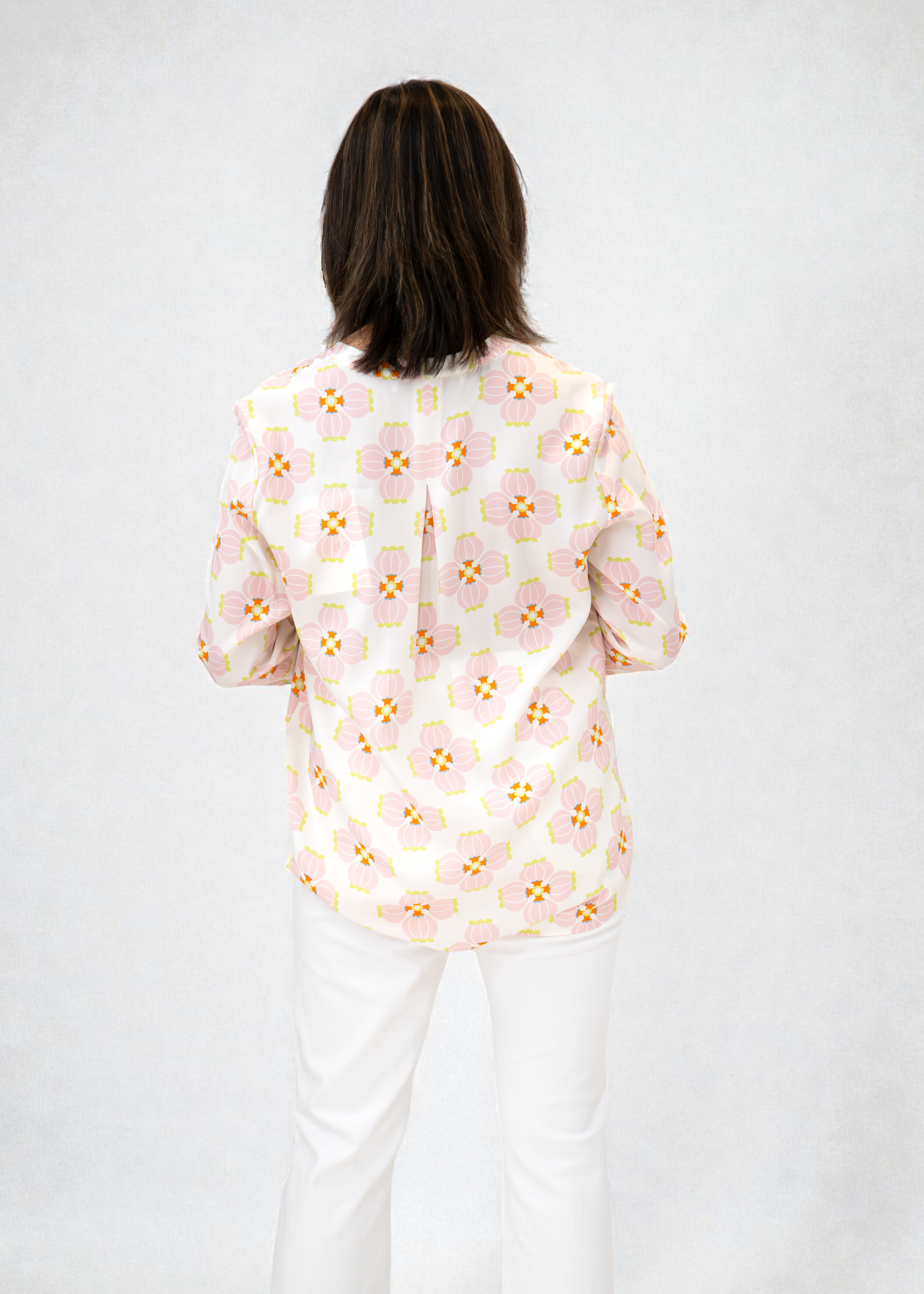 Herzen's - Silk Floral Print Henley Blouse Long Sleeve