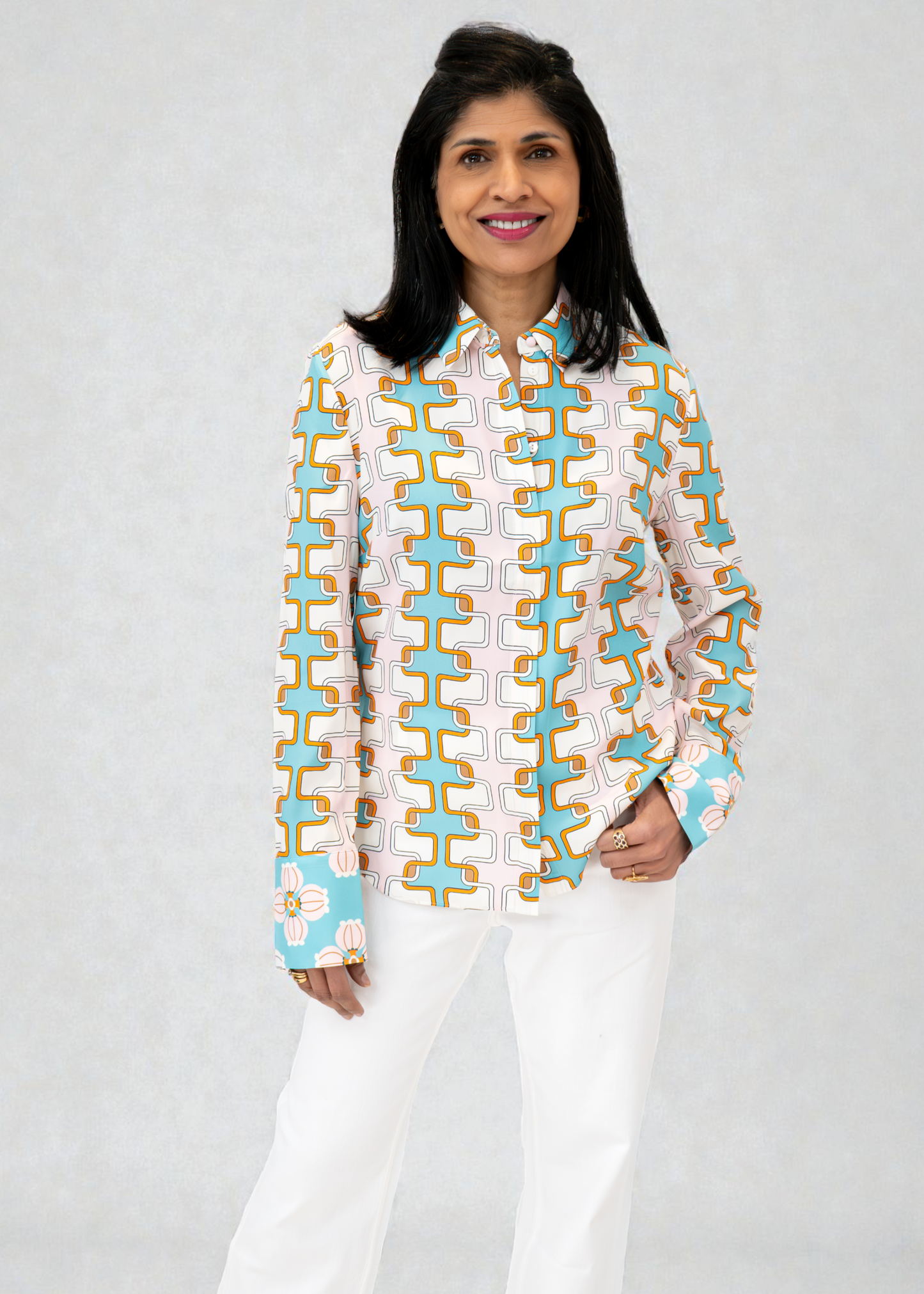 Herzen's - Silk Modern Tile Print Blouse
