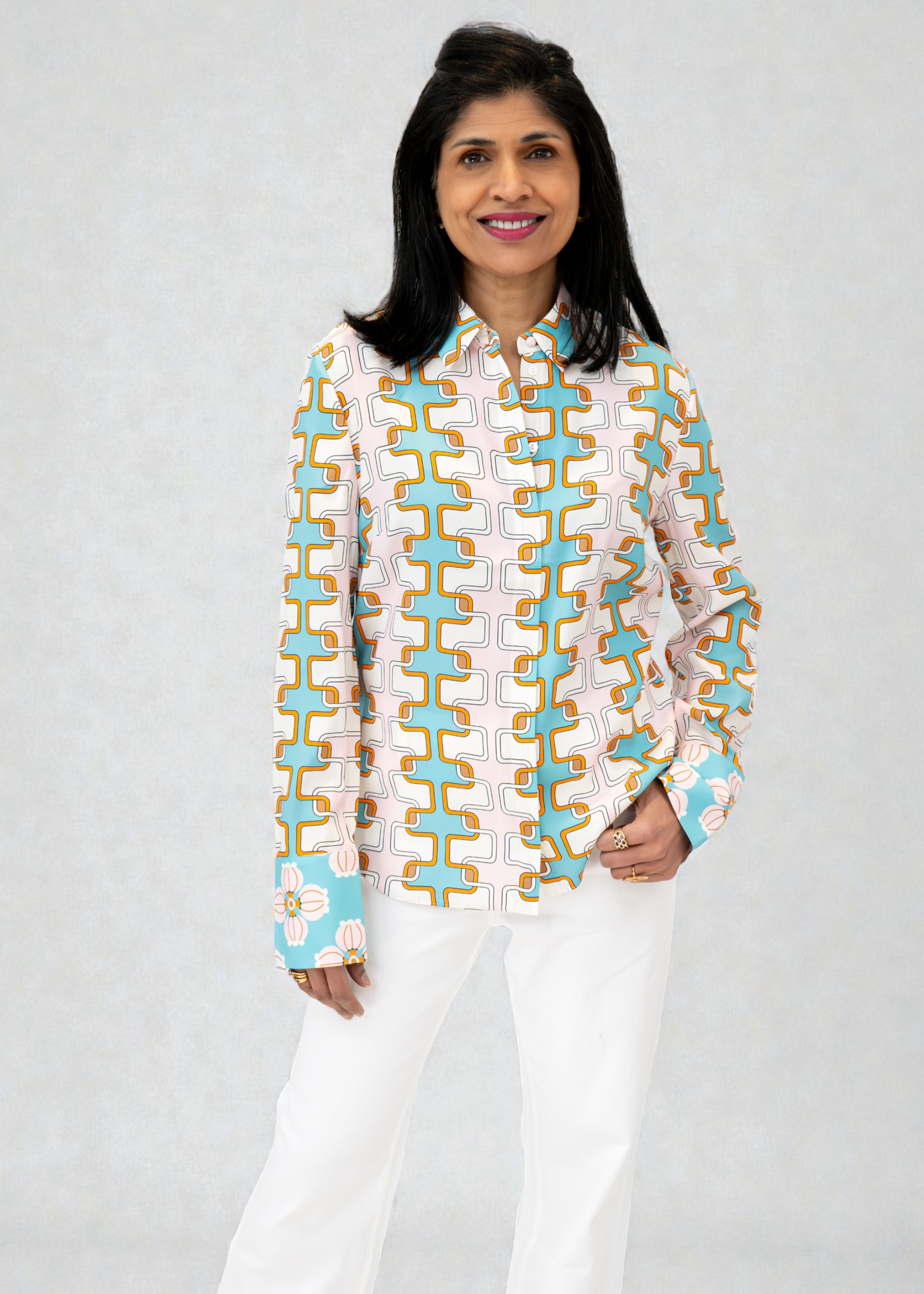 Herzen's - Silk Modern Tile Print Blouse