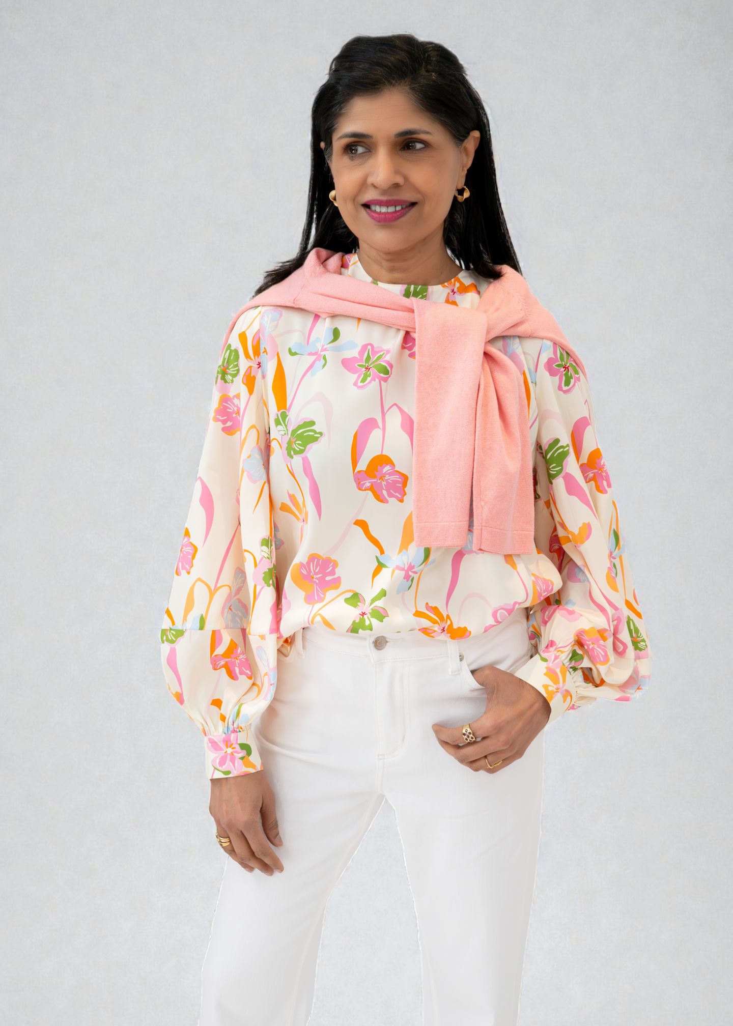 Herzen's - Silk Spring Floral Blouse With Billow Sleeves