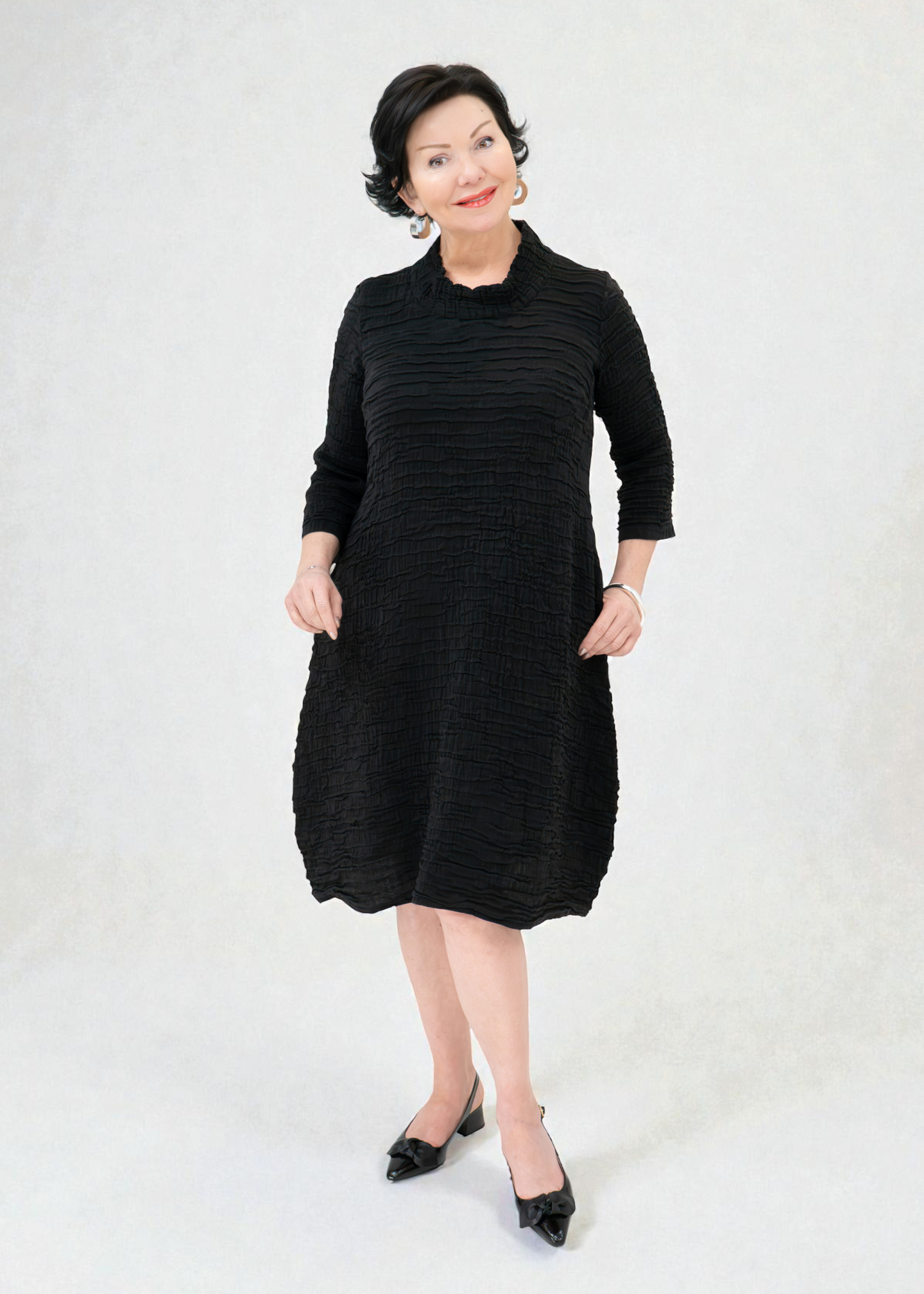 Grizas - Sleeved Cowl Neck Crinkled Silk Linen Dress