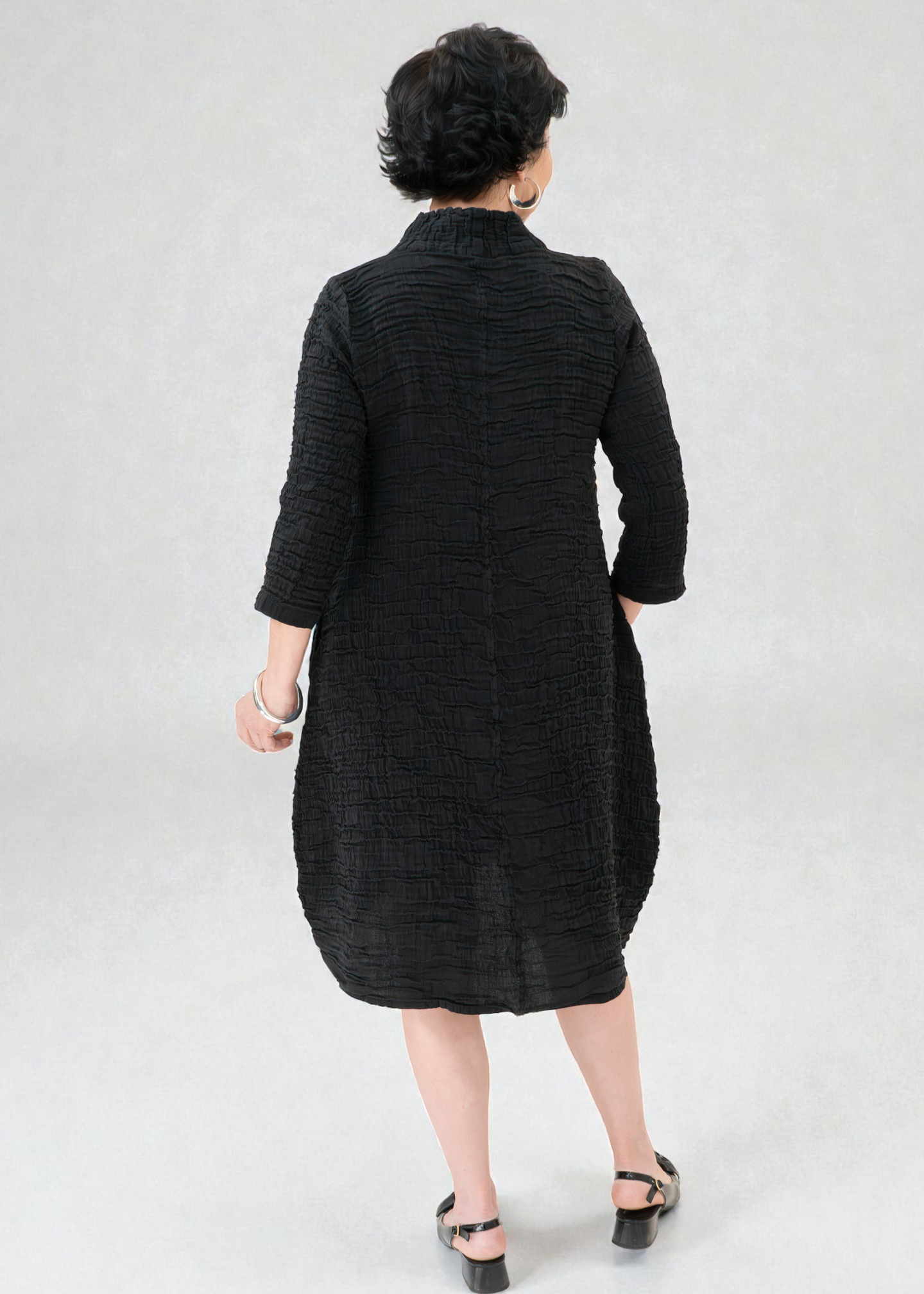 Grizas - Sleeved Cowl Neck Crinkled Silk Linen Dress
