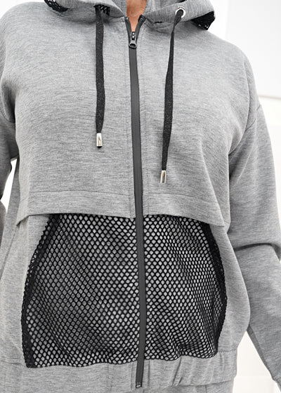 Sassy - Zip Hooded Fishnet Detail Jacket