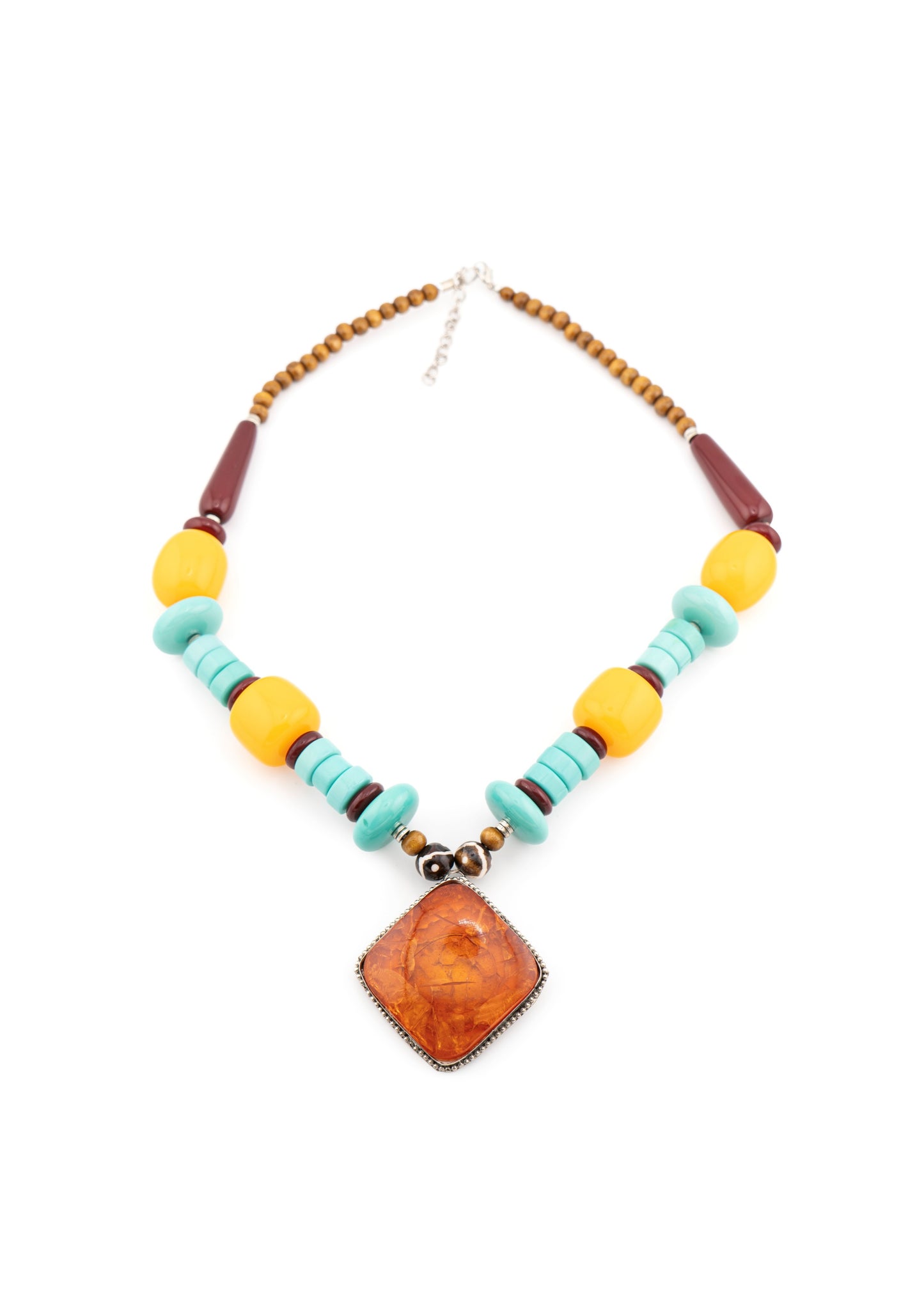 Amber Square Pendant Mixed Bead Necklace