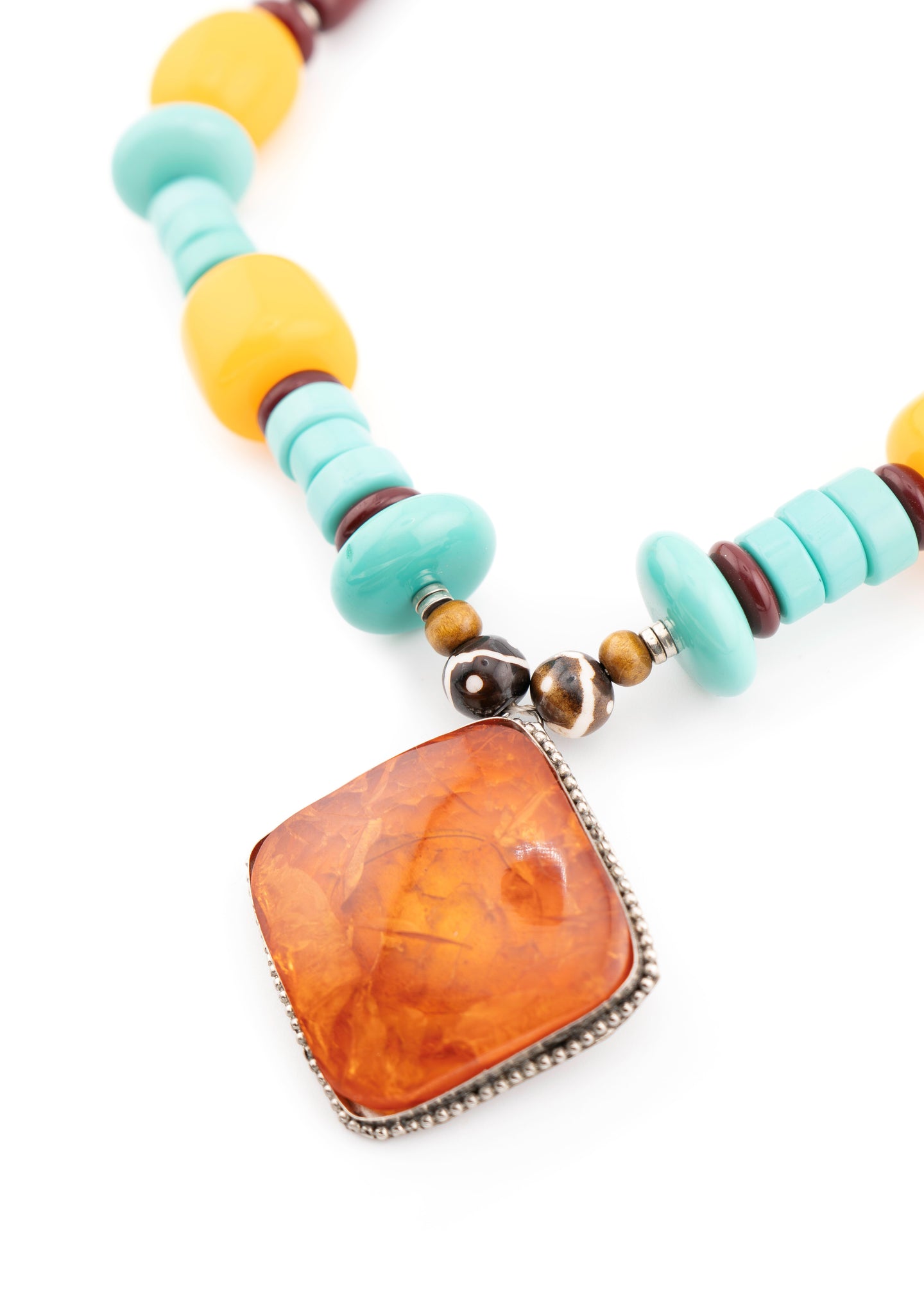 Amber Square Pendant Mixed Bead Necklace