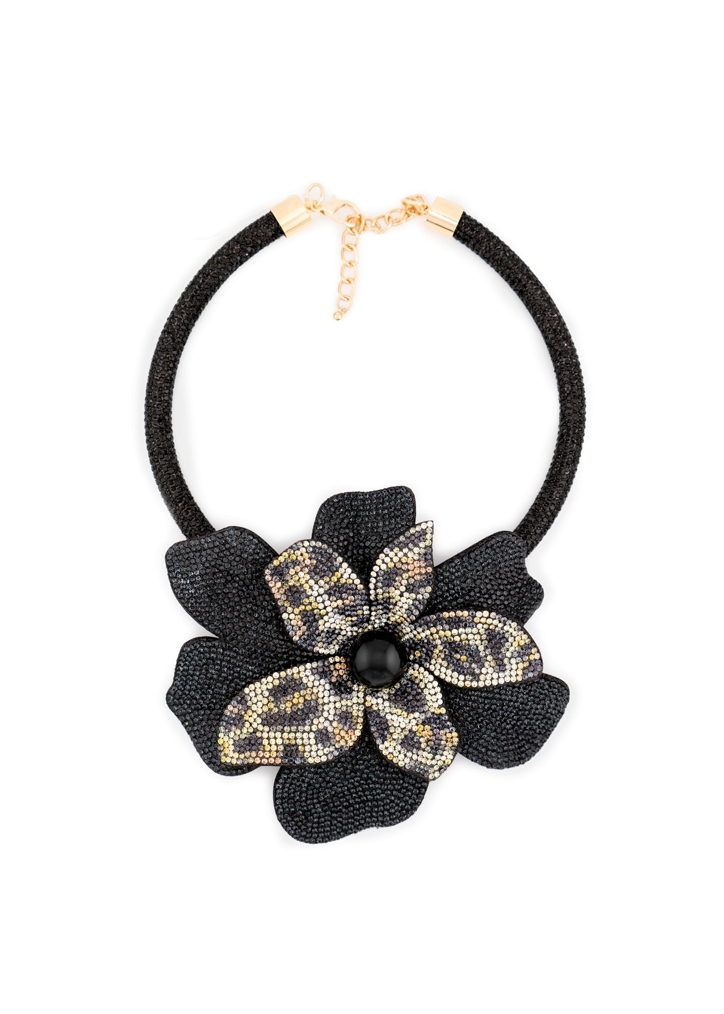 Black & Leopard Crystal Flower Necklace