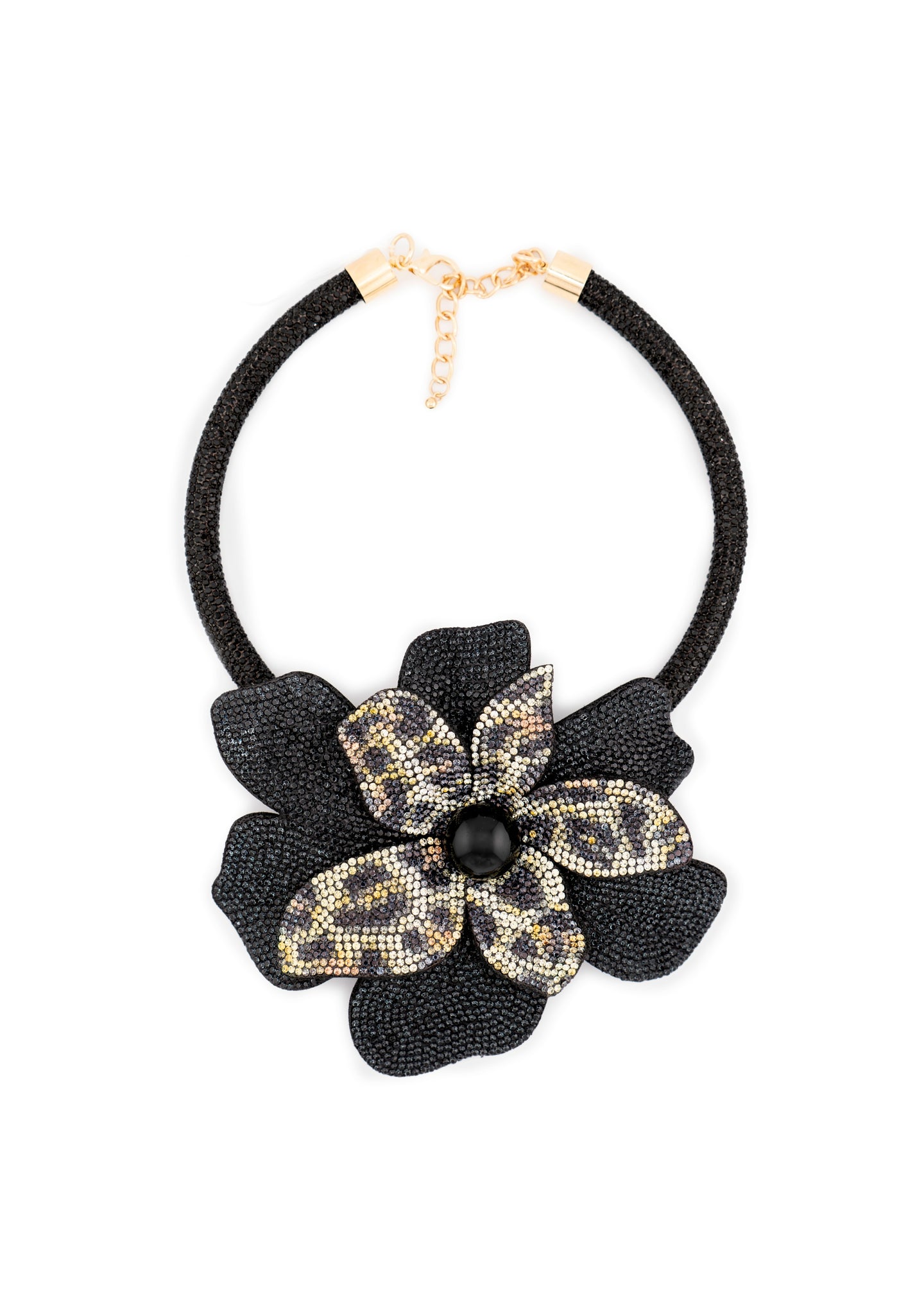 Black & Leopard Crystal Flower Necklace