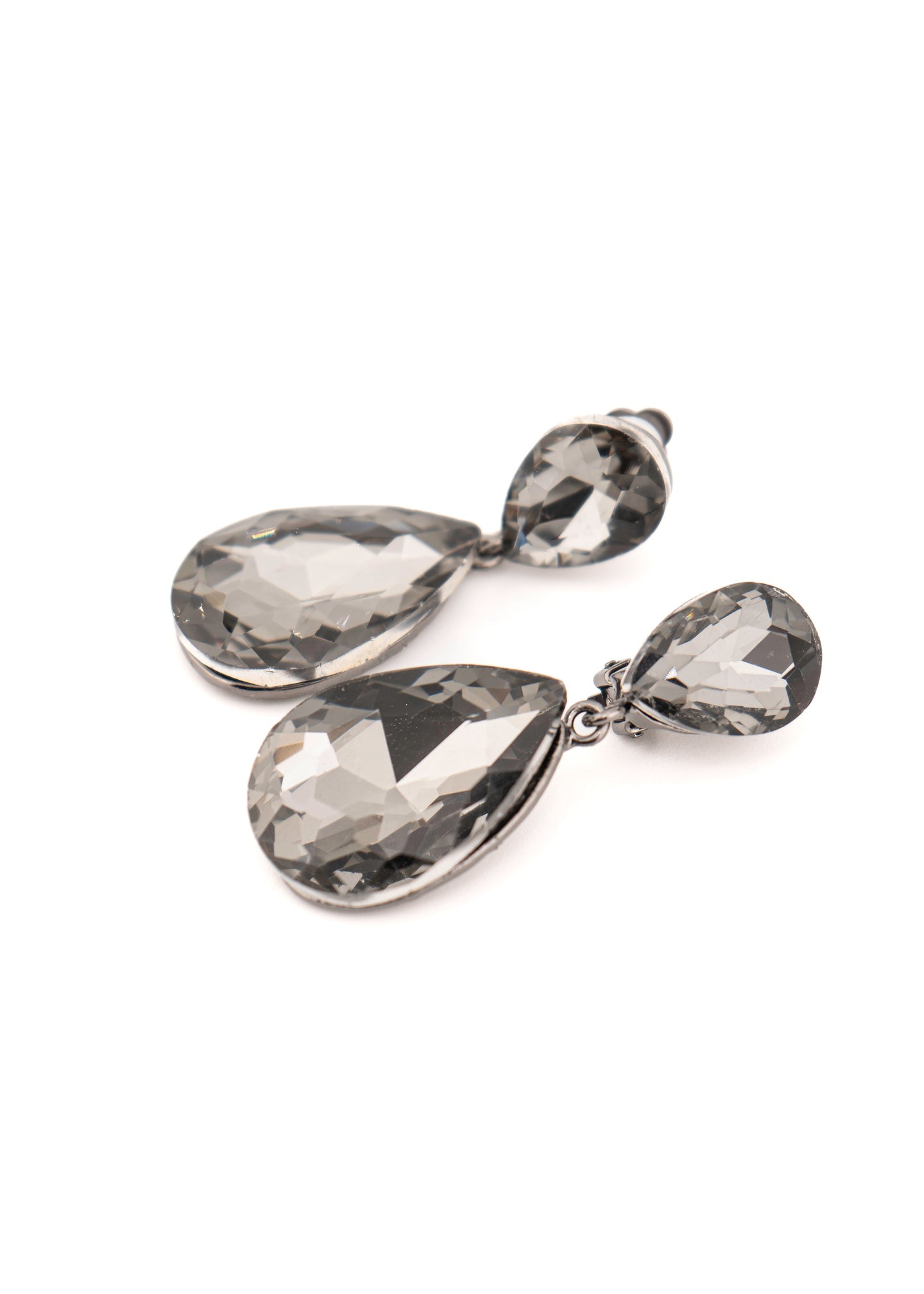 Smoky Crystal Double Teardrop Clip on Earrings