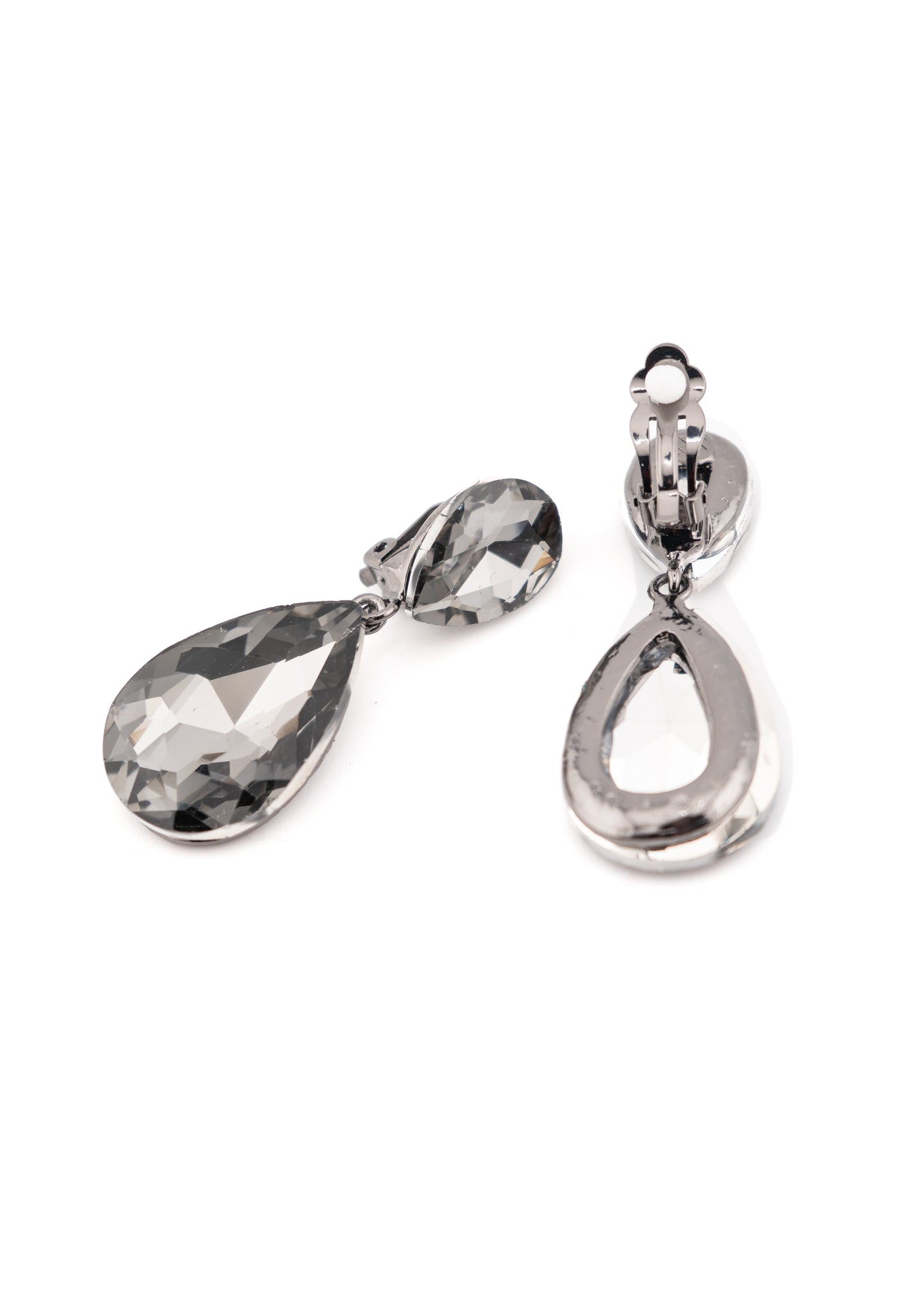 Smoky Crystal Double Teardrop Clip on Earrings
